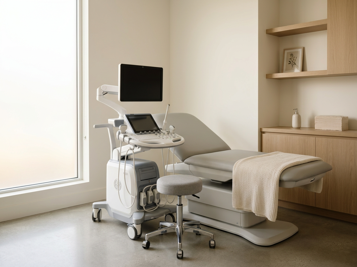An empty medical examination room with an ultrasound machine beside a hospital bed, a stool, and shelves on the wall with decorative items.