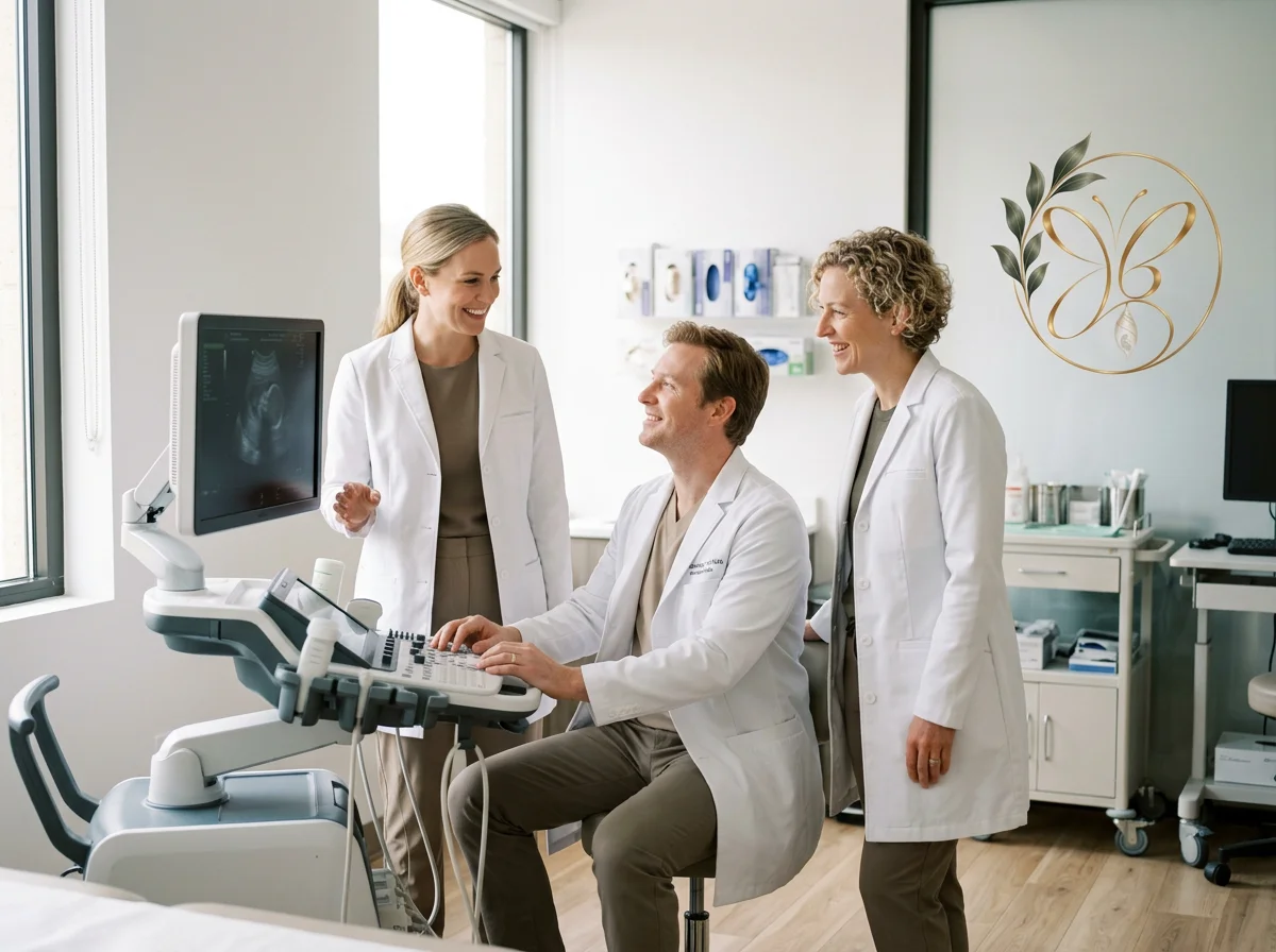 Three medical professionals, two women and one man, are in a bright medical office. The man is sitting at an ultrasound machine, looking and smiling at one of the women, who is standing. The other woman is also standing nearby, all dressed in white lab coats.