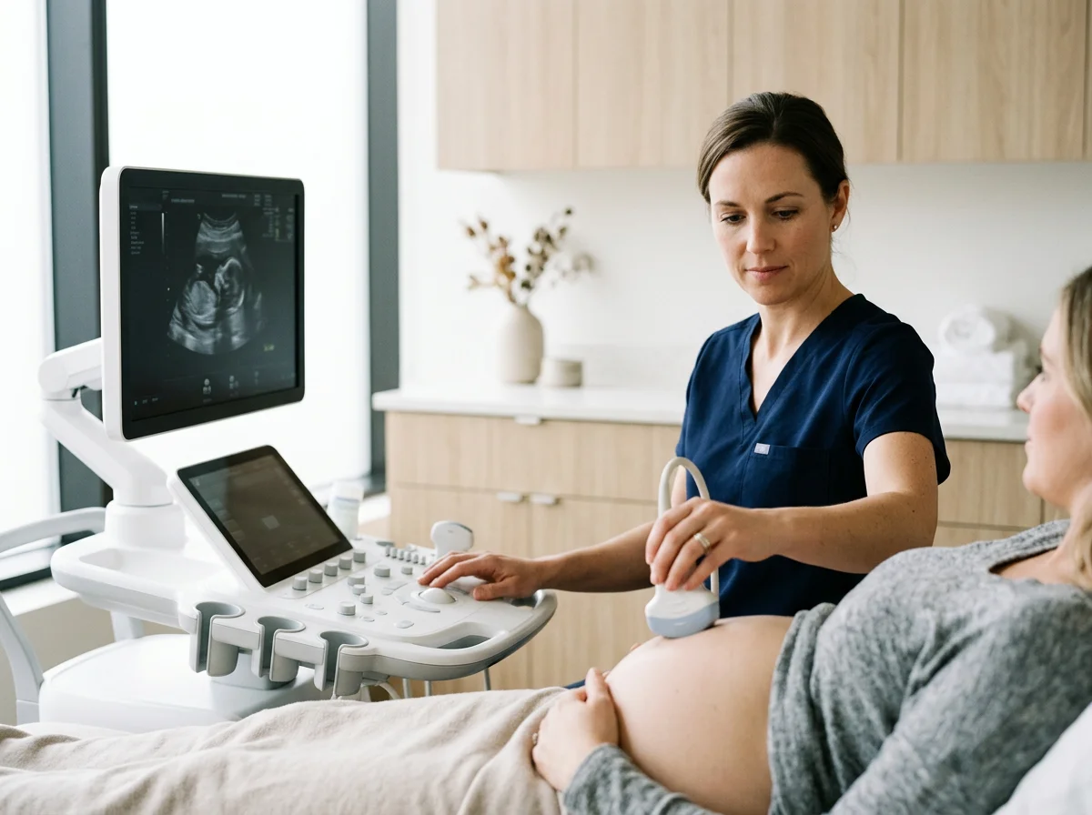A pregnant woman lying in a hospital bed during an ultrasound scan, with a nurse or doctor operating the ultrasound equipment.