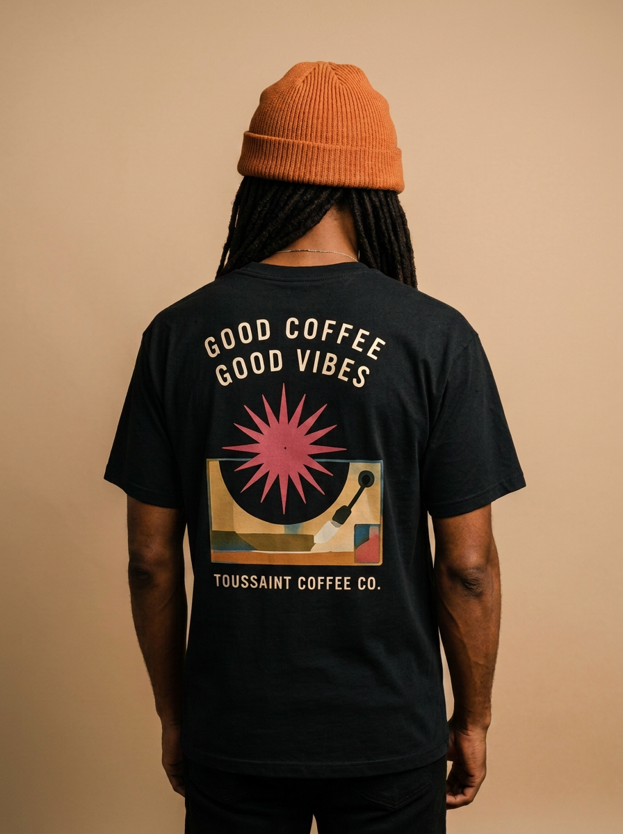 Person wearing an orange beanie and a black T-shirt with coffee-themed graphic and text that says "Good Coffee Good Vibes" from Toussaint Coffee Co., standing against a plain background.