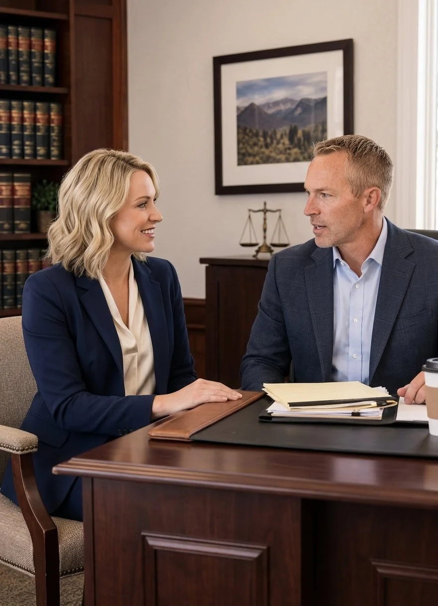 A woman and a man in business attire engaged in conversation in an office setting, with files and a paper coffee cup on the desk.  Dr. Joos, an ENT expert, visits with a legal professional on a medical case review.