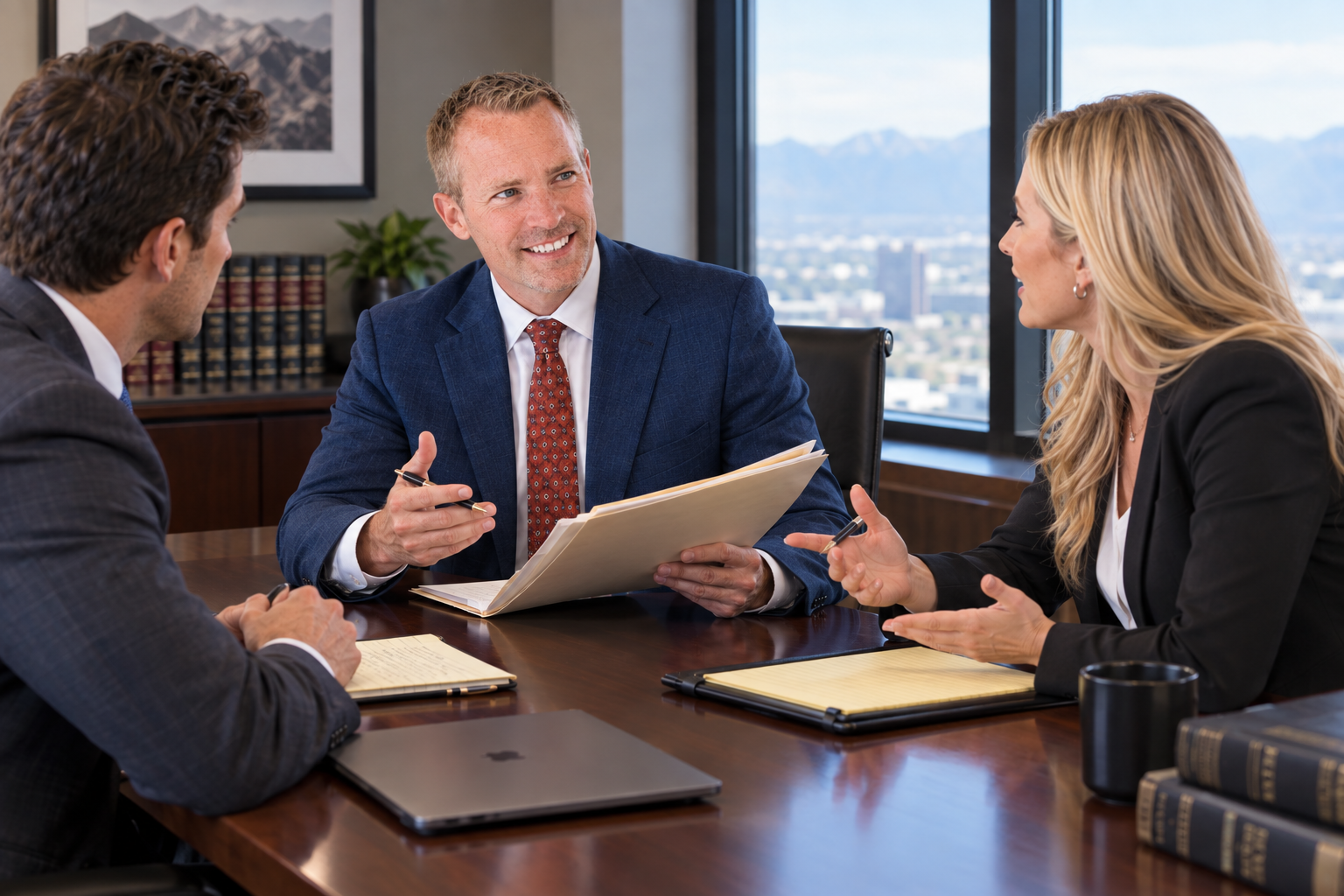 Three professionals in business attire having a discussion in a modern office with a city view.  Dr. Joos, an ENT expert, walks a legal team through a medical case.