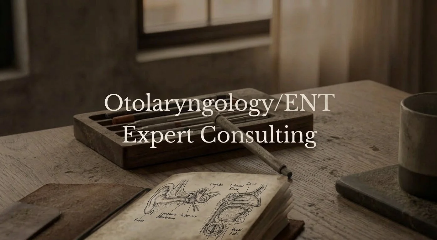 A wooden table with a tray of ear cleaning tools, an open diagram of the human ear, a knife, a cup, and a small plate. The background is a wooden wall and cabinet.  This is the desk of an otolaryngology expert.