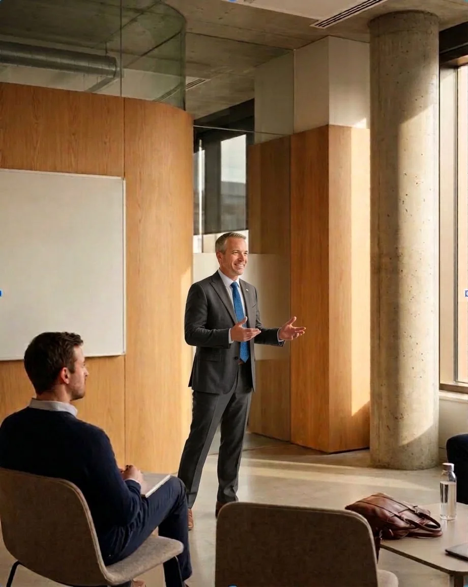 A man in a gray suit is standing and speaking to an audience in a modern conference room with wood and concrete walls and large windows.  He is an ENT medical expert walking a legal team through a medical case.