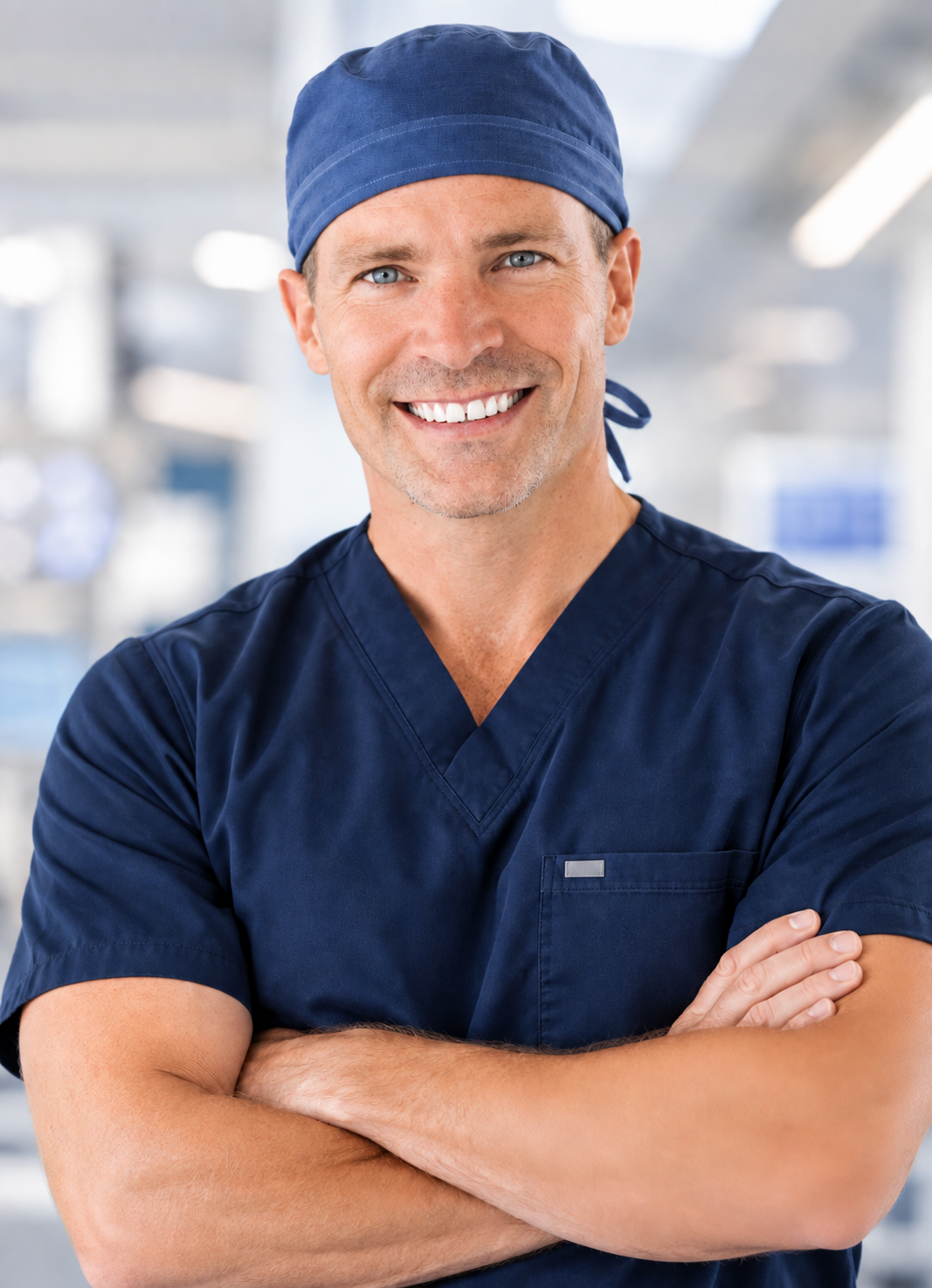 A smiling male surgeon in blue scrubs and a scrub cap in a hospital setting.  Dr. nathan Joos is a medical expert in the field of otolaryngology.