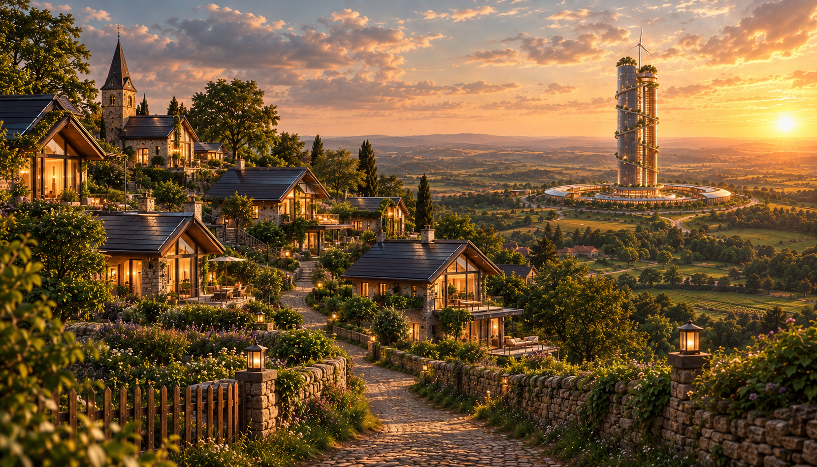 Village with cozy glass cottages on a hillside, illuminated by warm lights, overlooking a scenic landscape with modern futuristic skyscraper and wind turbine at sunset.