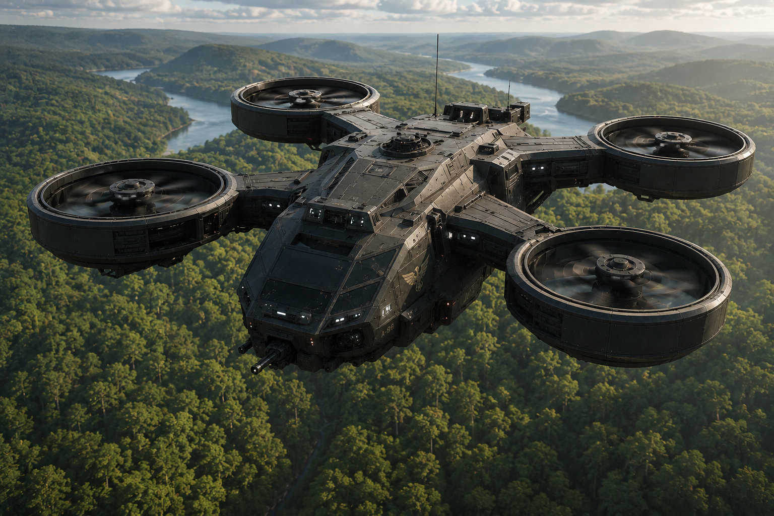 A dark green futuristic military aircraft flying over a forested landscape with a river in the background.