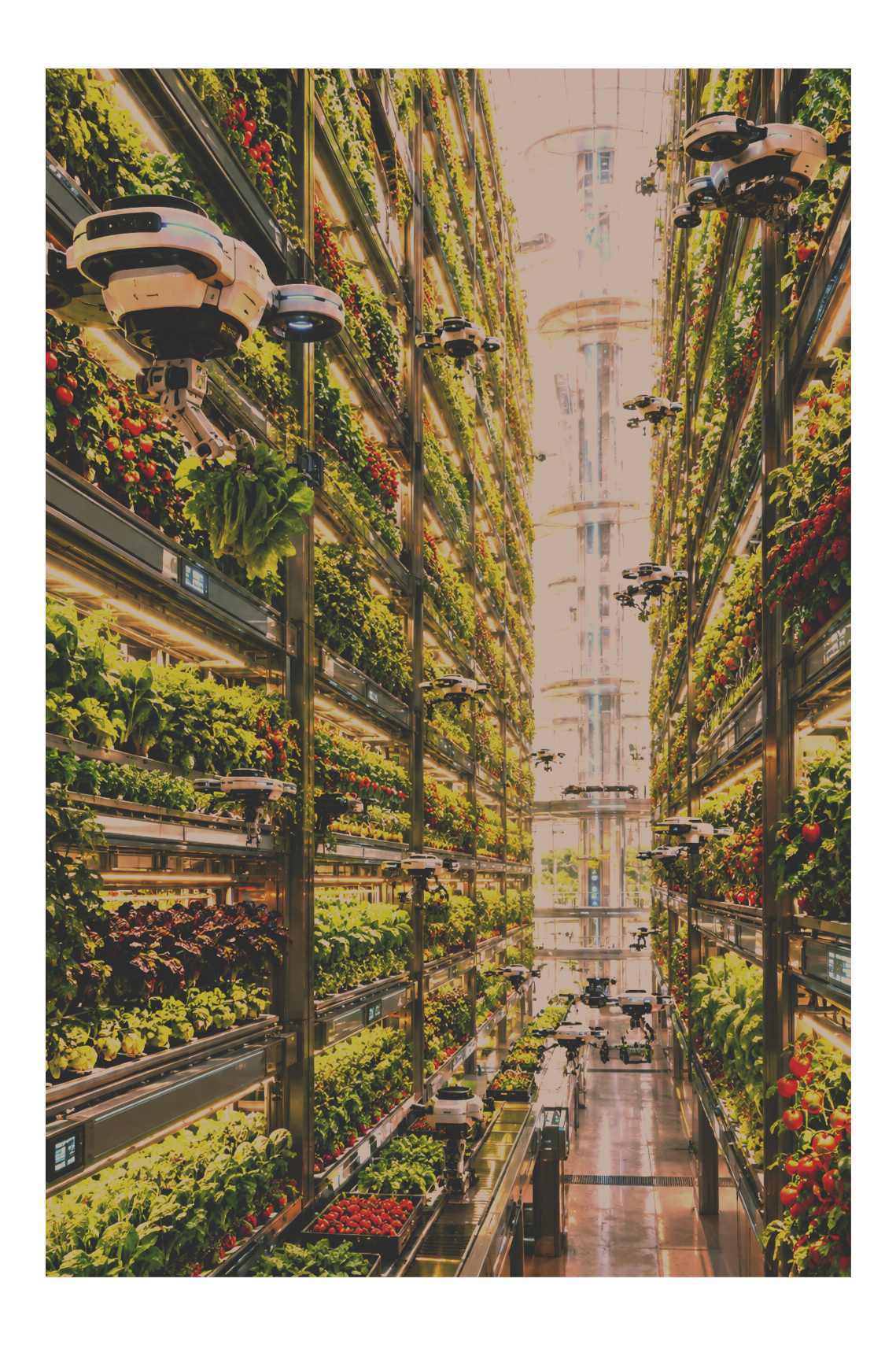 Indoor vertical farm with multiple rows of leafy and fruiting plants on automated growing systems, with robotic harvesters moving along tracks.