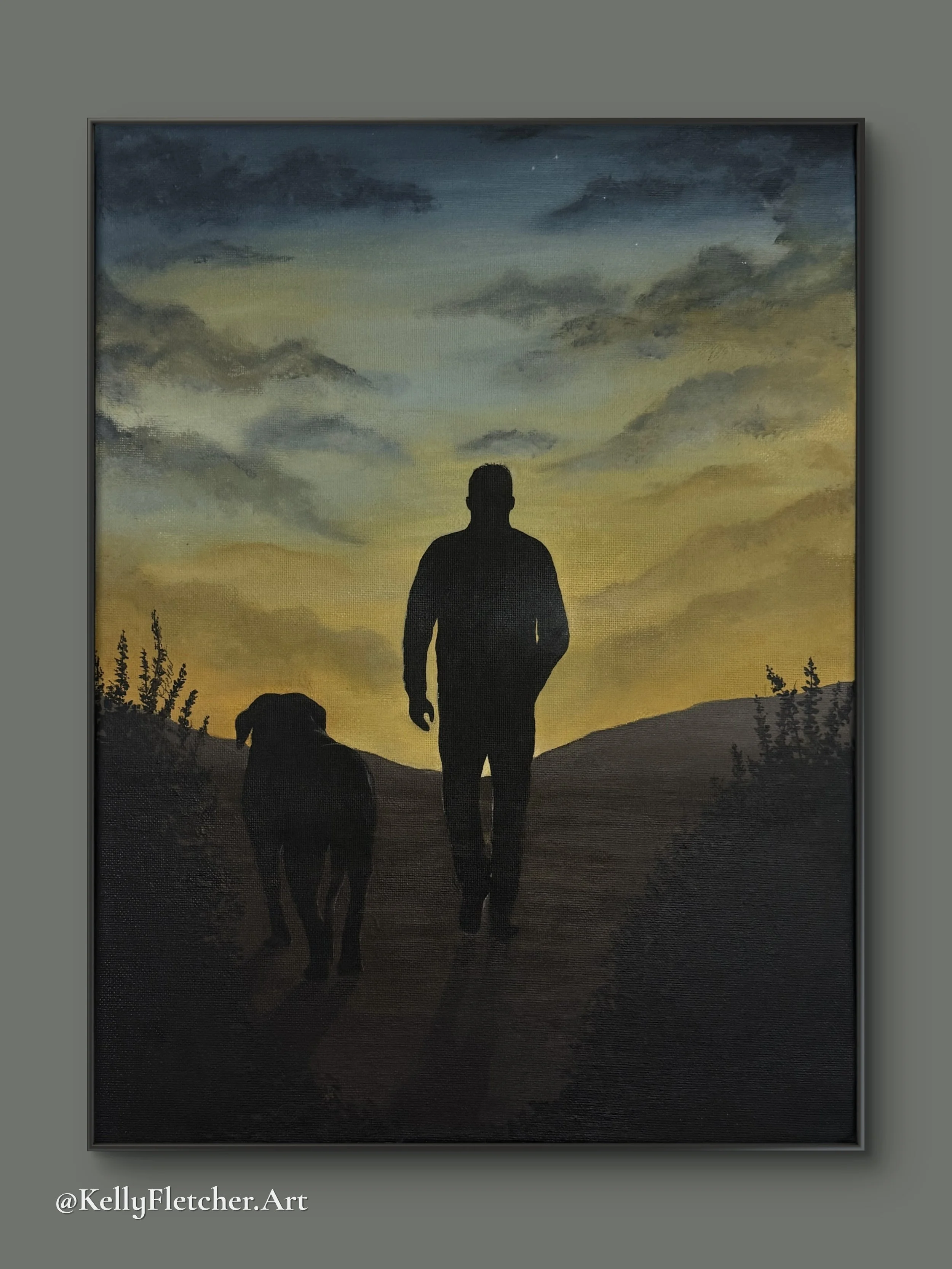 A painting of a person walking with their dog during a sunset or sunrise, with a sky filled with clouds and faint stars, creating a serene outdoor scene.