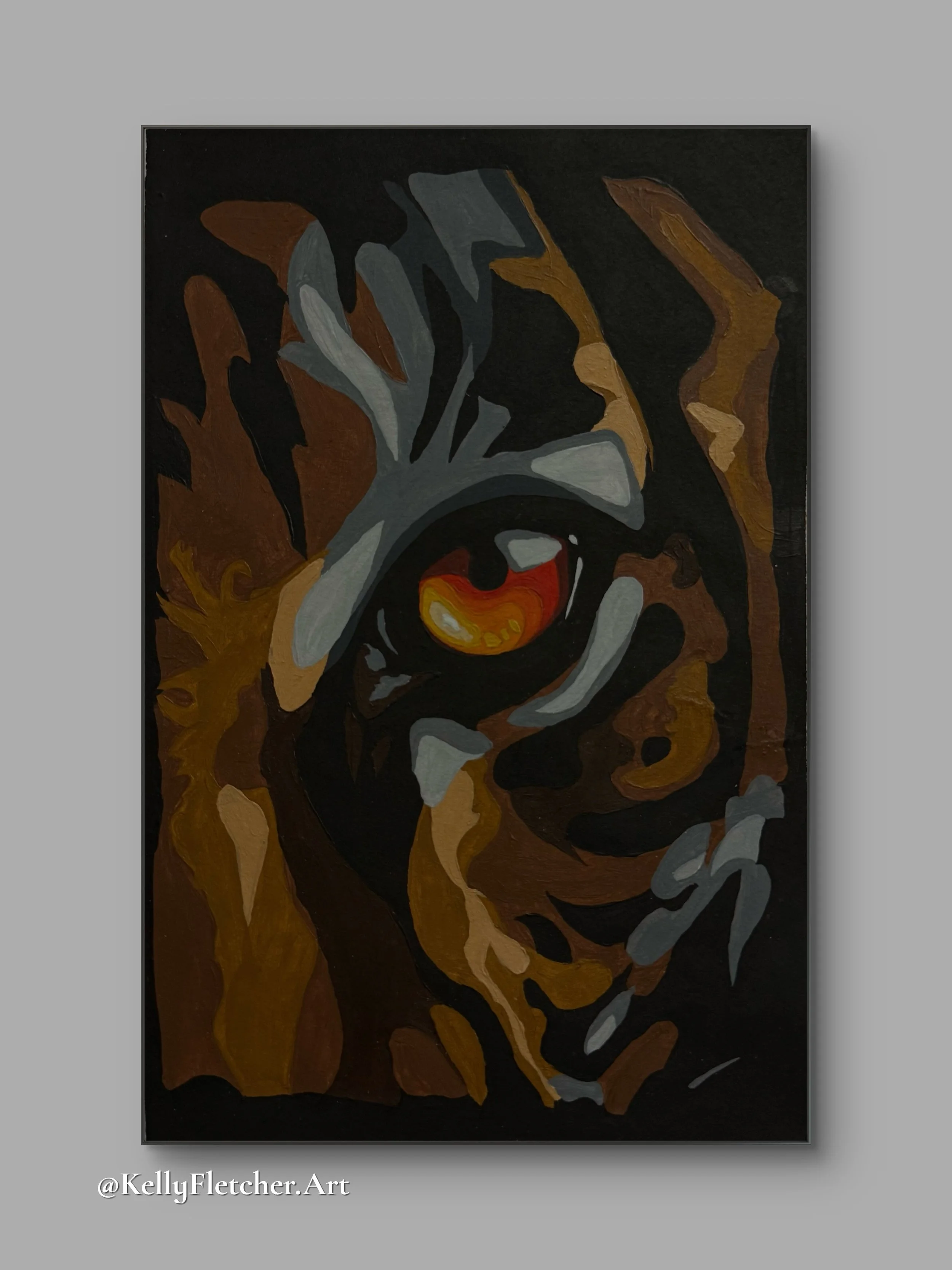 An abstract painting of a dog with a yellow, orange, black, gray, and white color palette, featuring bold, swirling brushstrokes.