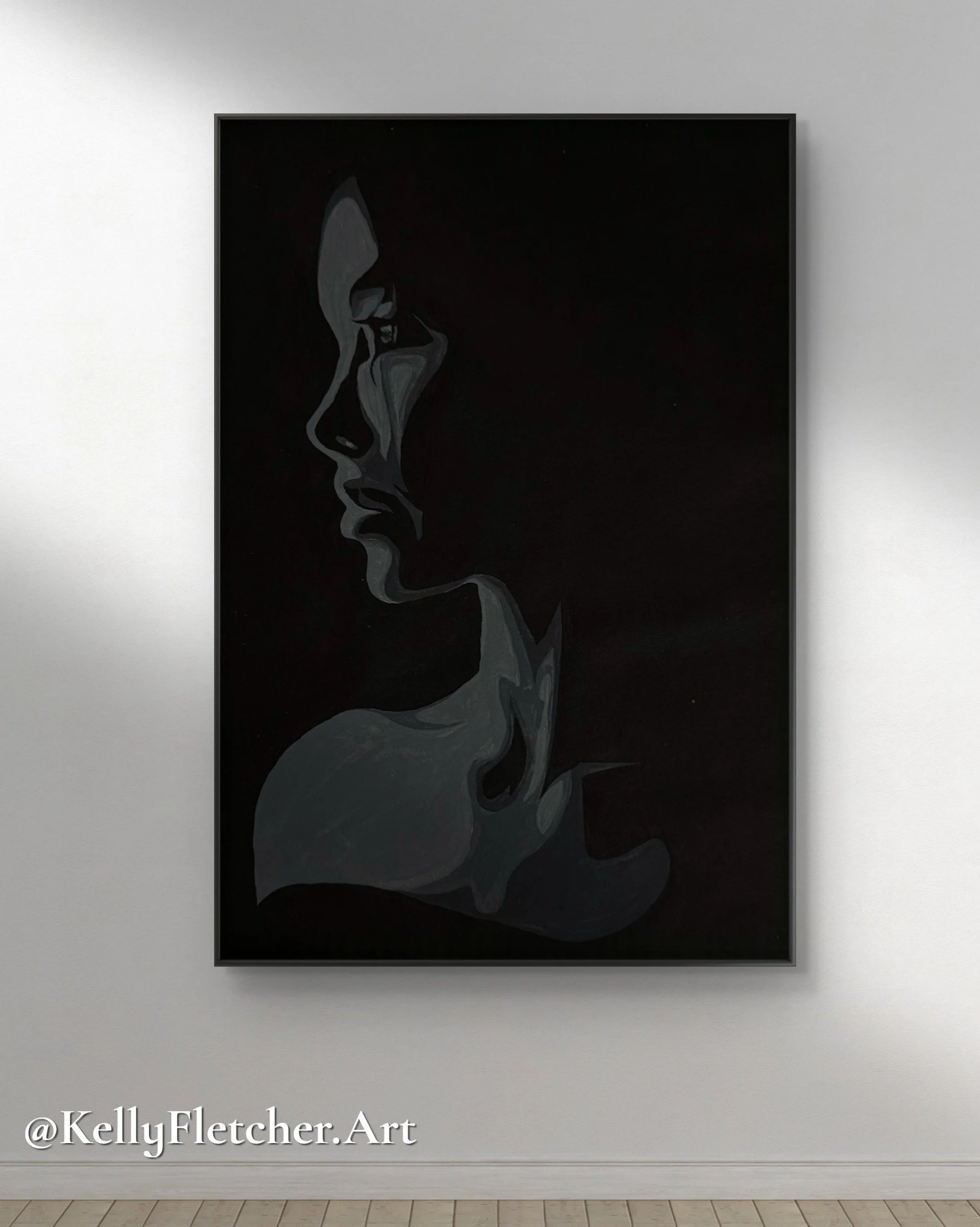 A black and white portrait of a woman's face painted on a black canvas with minimal amount of gray highlights, hung on a white gallery wall.