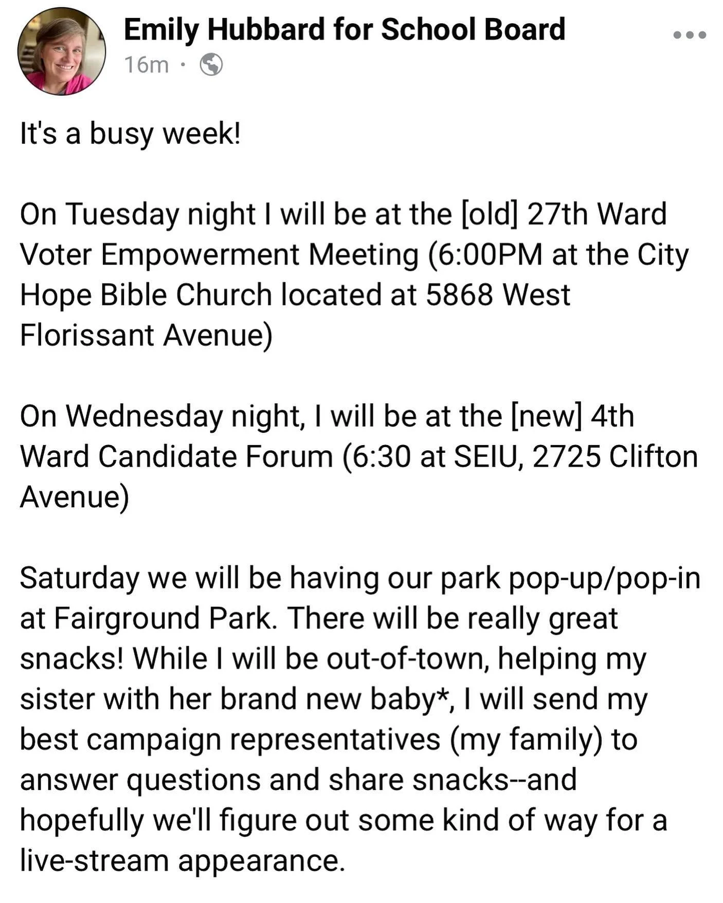 I&rsquo;ll be at the 27th ward voter empowerment meeting on Tuesday evening; the new 4th ward&rsquo;s forum on Wednesday, and the campaign will be at Fairground Park on Saturday. 

(That brand new baby hasn&rsquo;t arrived and eta is unknown, but con