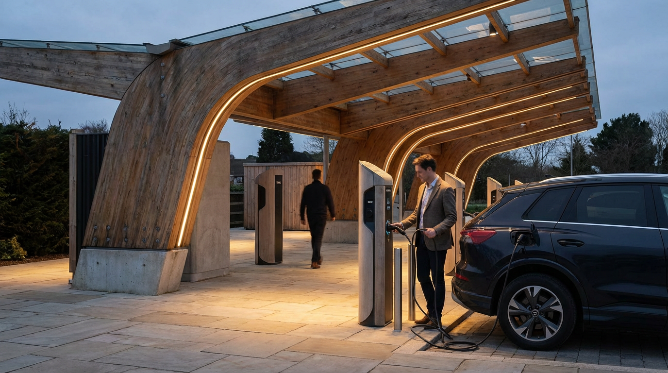 Electric vehicle charging station with a man plugging in a black SUV, modern wooden and metal shelter, in the evening.