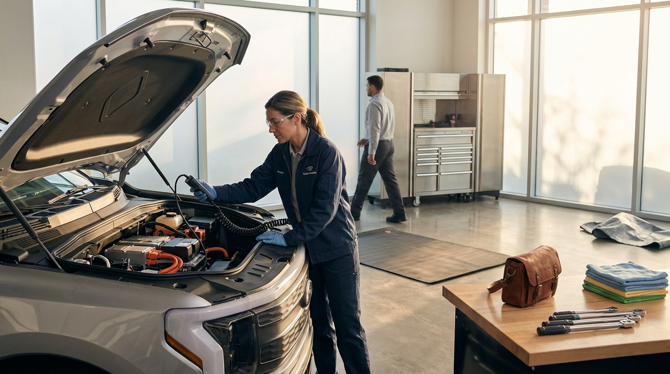 A woman in a mechanic uniform working on a car engine inside a bright garage or workshop, with a man walking in the background.