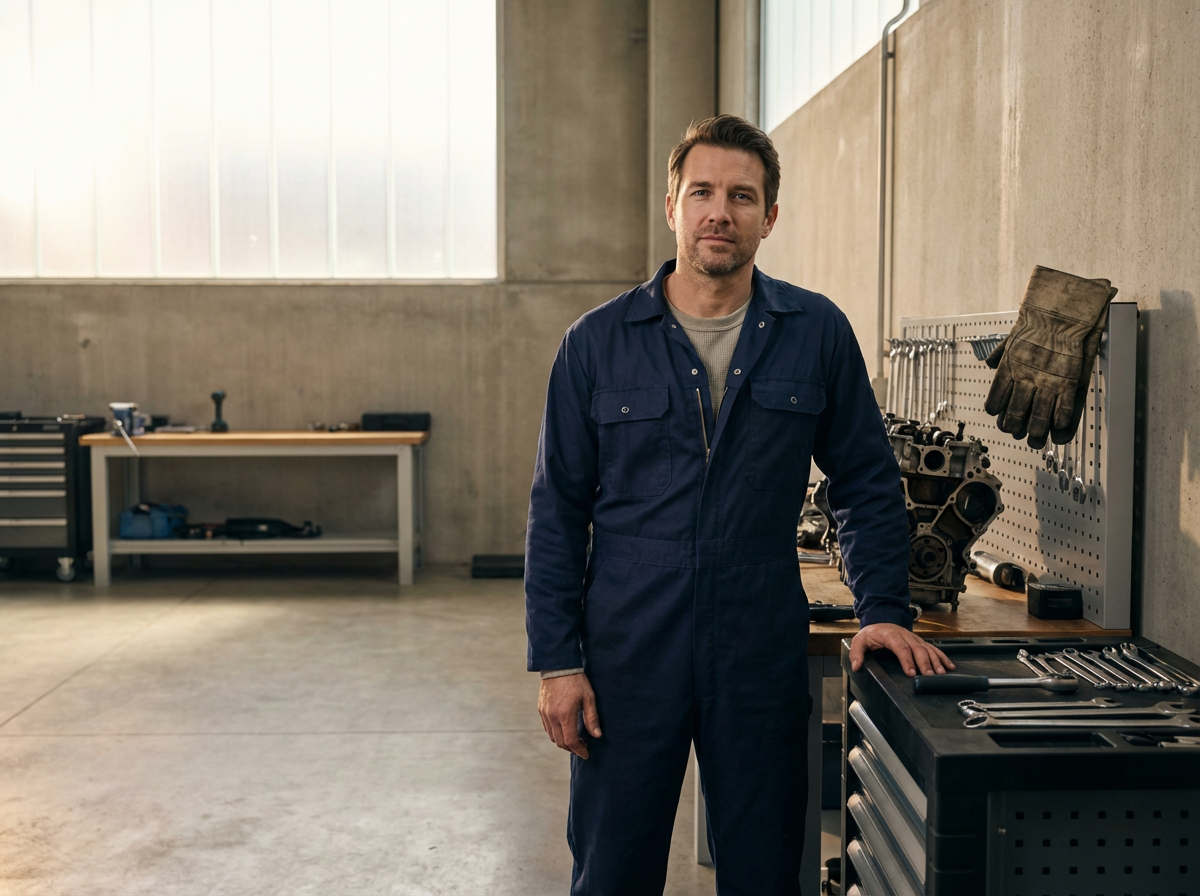 A man in a blue mechanic jumpsuit standing in a workshop with tools and engine parts on workbenches.