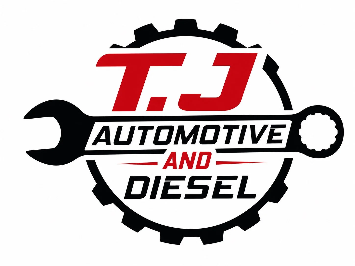 Logo for T.J. Automotive and Diesel featuring a black wrench and gear with red and black text.