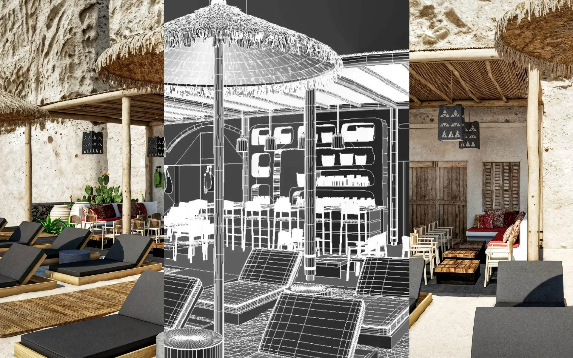 Τεχνική παρουσίαση 3d wireframe μοντέλου και τελικού φωτορεαλισμού beach bar στη Σαντορίνη.