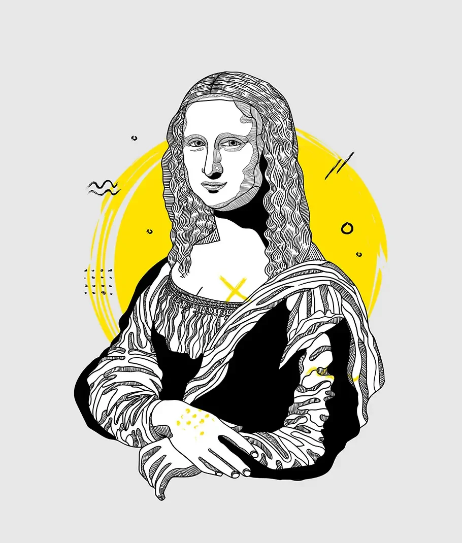 Stylized black and white illustration of the Mona Lisa with a bright yellow circle behind her and abstract black and yellow decorative elements.