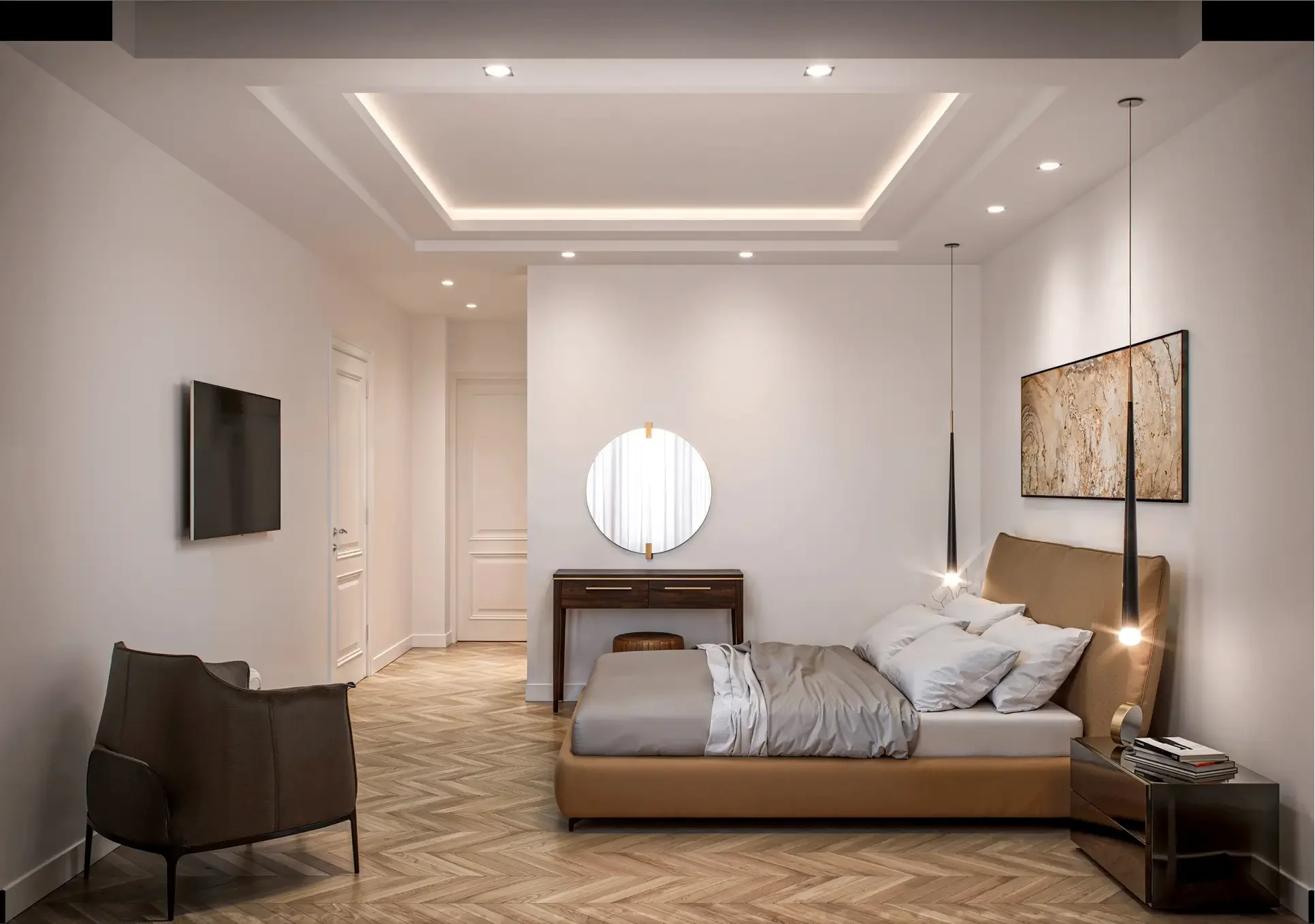Ευρυγώνιο 3D render master bedroom με έμφαση στη χωροθέτηση, το δάπεδο chevron και τη λιτή πολυτέλεια.