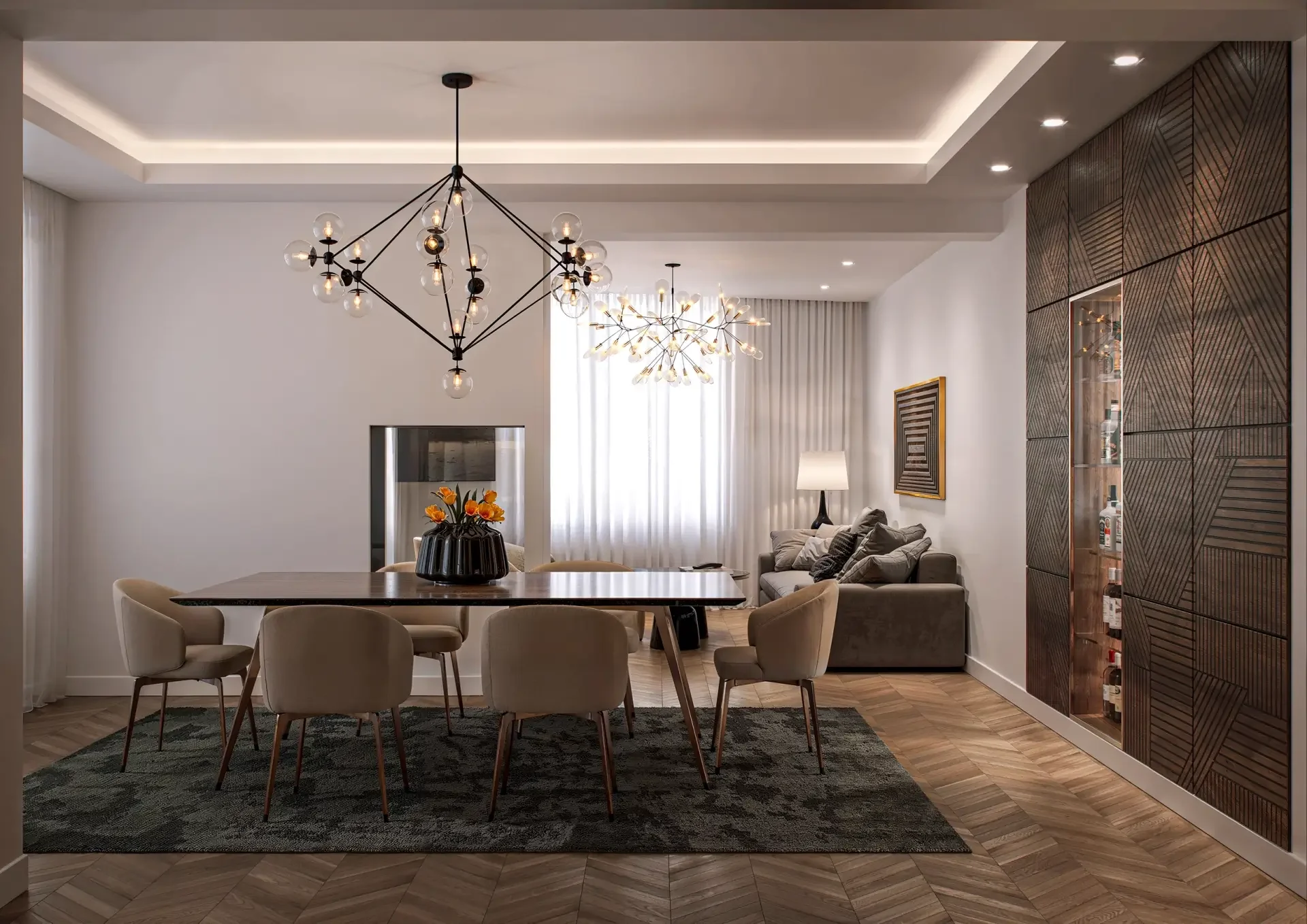 3D render τραπεζαρίας με γεωμετρικό φωτιστικό, επένδυση τοίχου και ενσωματωμένη φωτιζόμενη βιτρίνα ποτών.