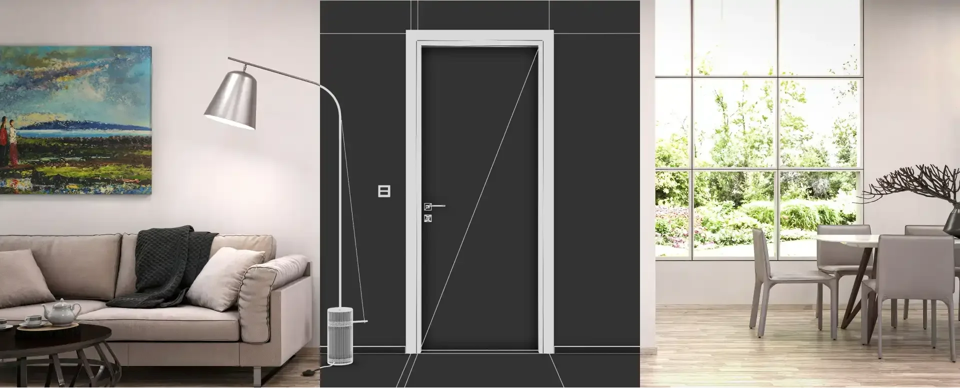 Στάδιο σχεδιασμού 3D wireframe modeling και φωτορεαλιστικής απόδοσης πόρτας.