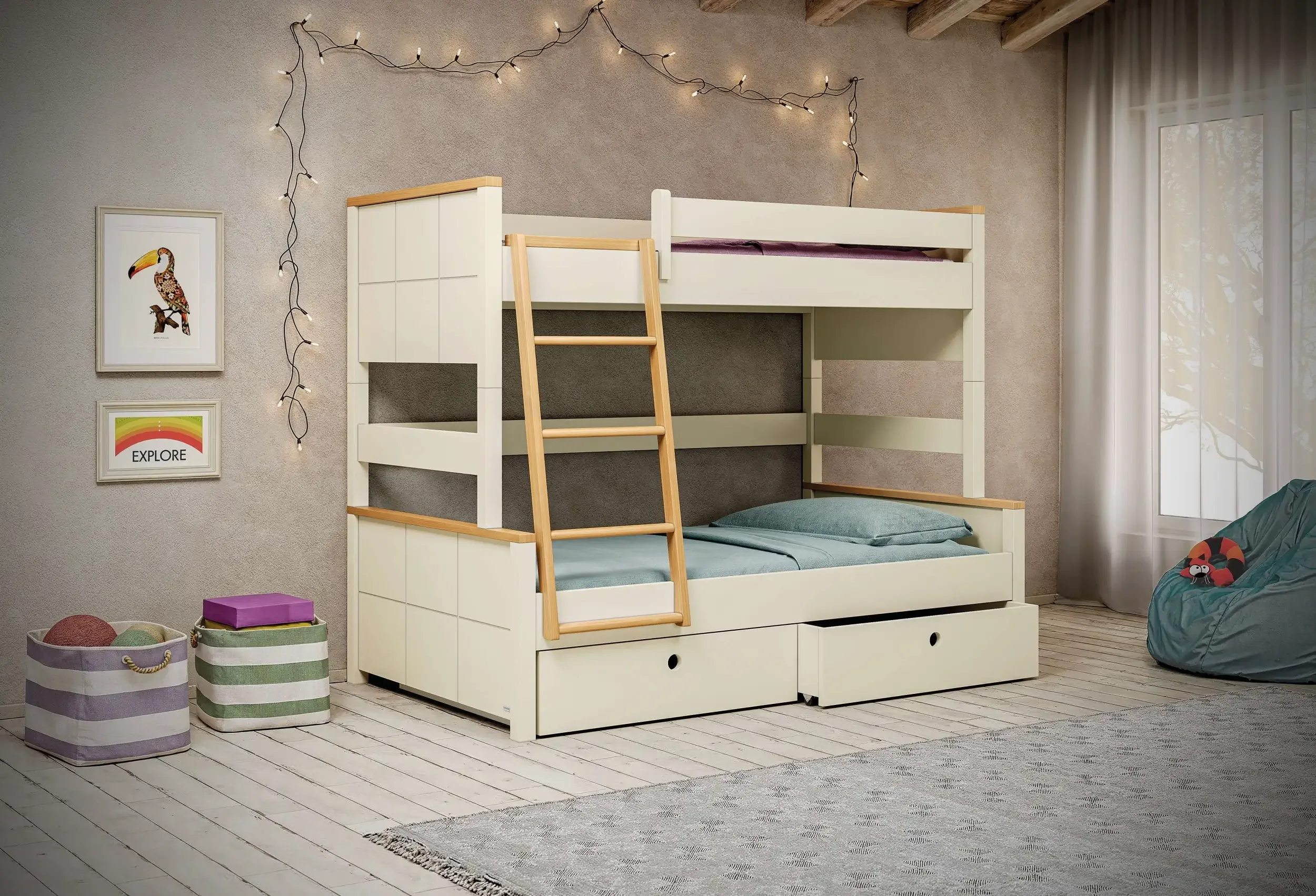 A bedroom with a white bunk bed, a ladder, and a framed poster of a toucan on the wall. There are decorative string lights, a window with white curtains, and a rug on the wooden floor. Several striped storage baskets are in the corner.