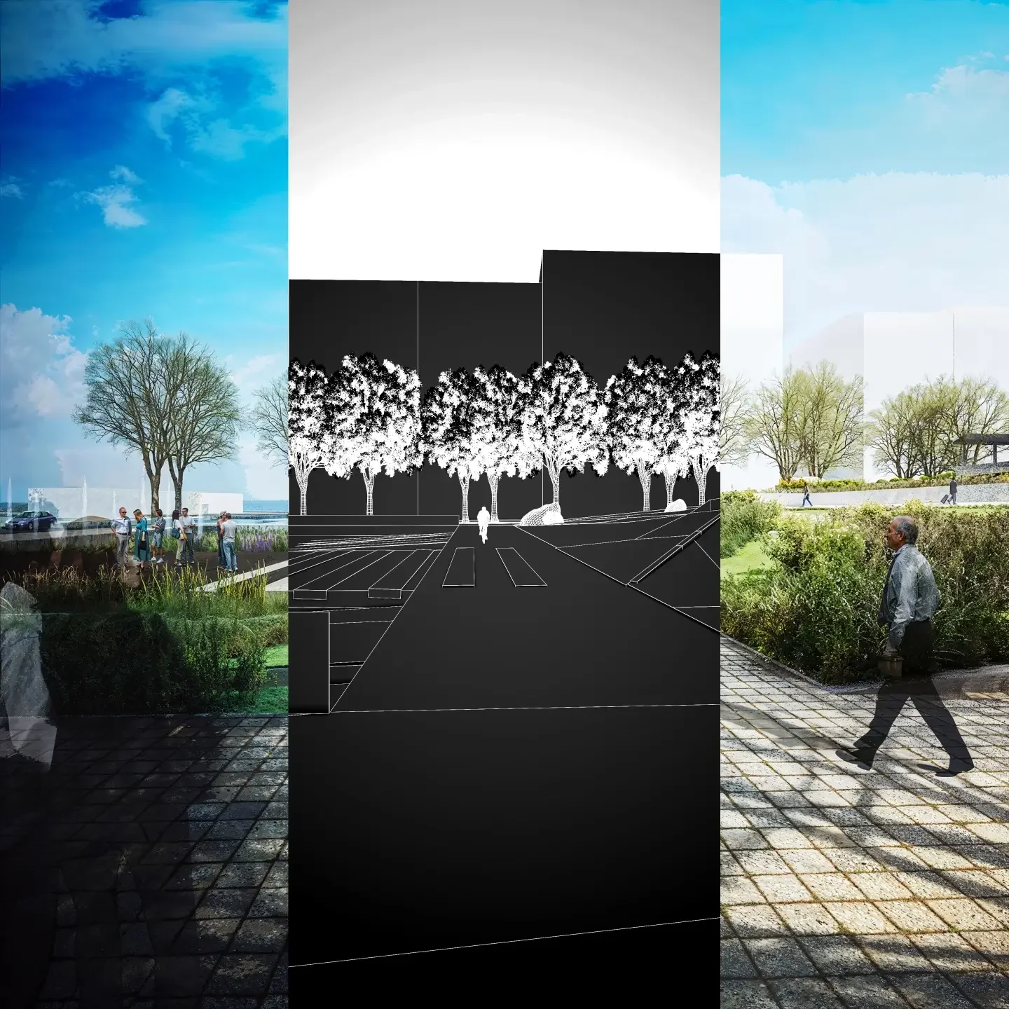 εχνική παρουσίαση 3D wireframe process και τελικού φωτορεαλισμού αστικού πάρκου.