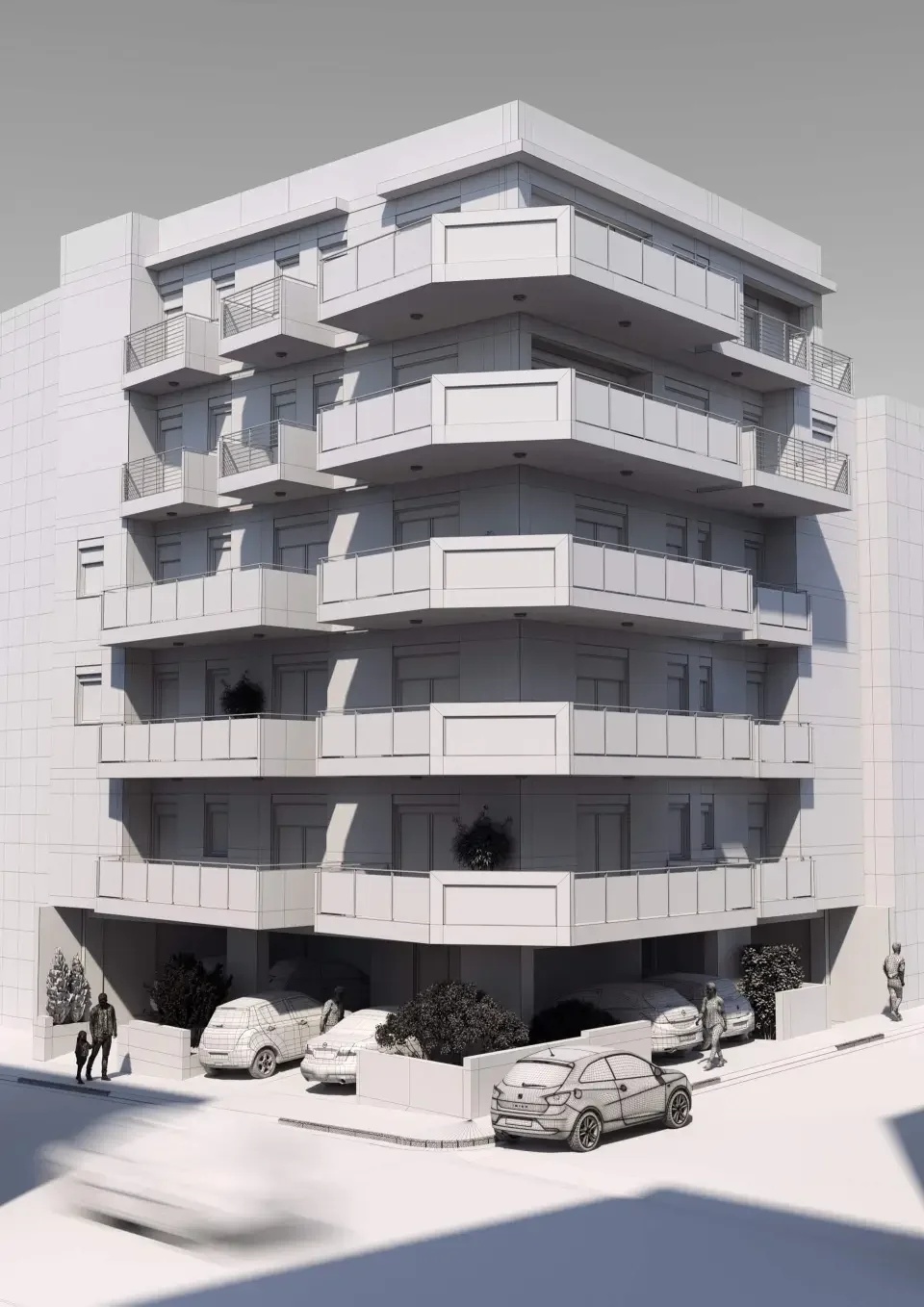 Στάδιο σχεδιασμού 3D wireframe modeling εξωτερικής όψης πολυκατοικίας.