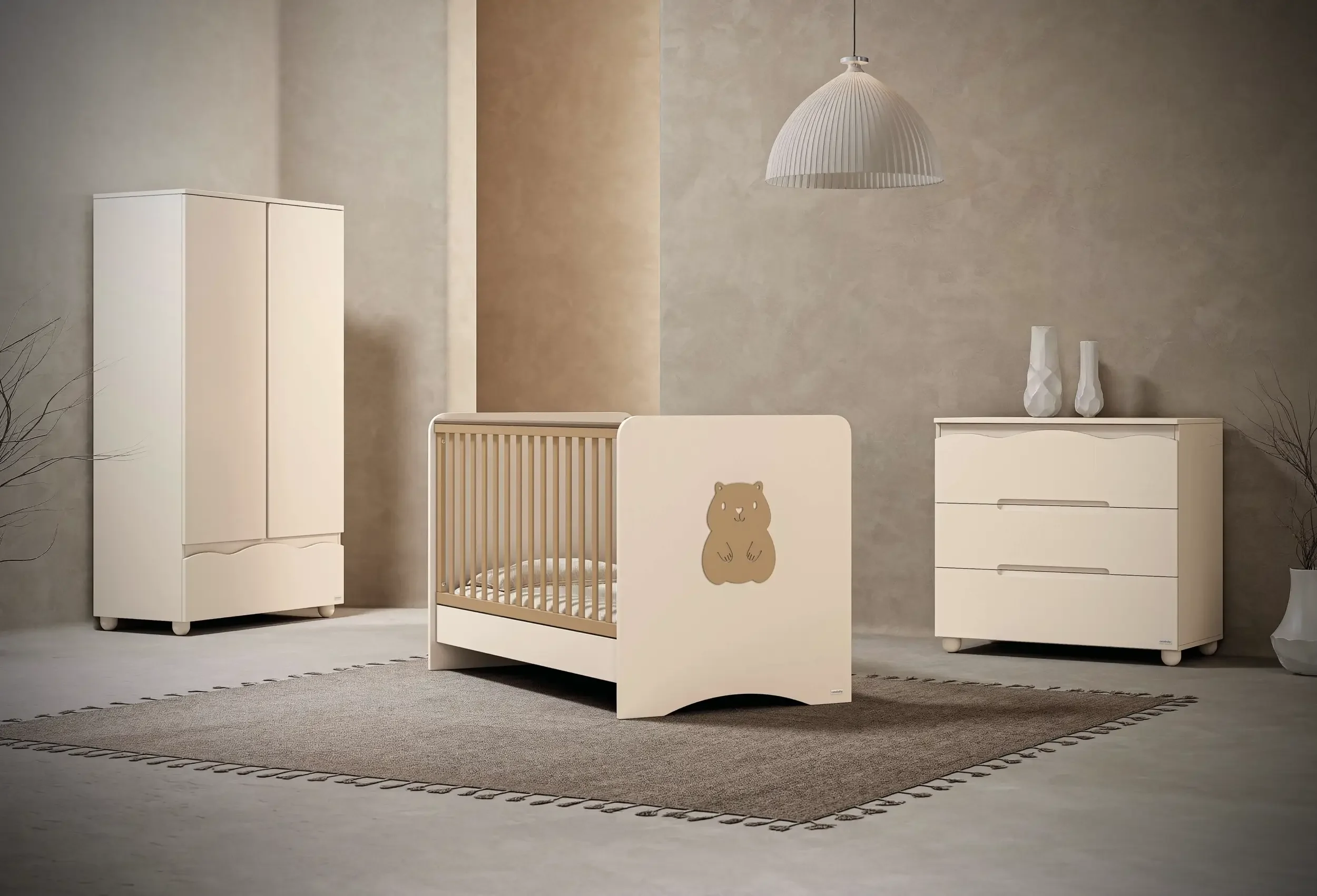 3D render βρεφικού δωματίου Capi σε vanilia απόχρωση με μοτίβο Capybara, σιφινιέρα και ντουλάπα.