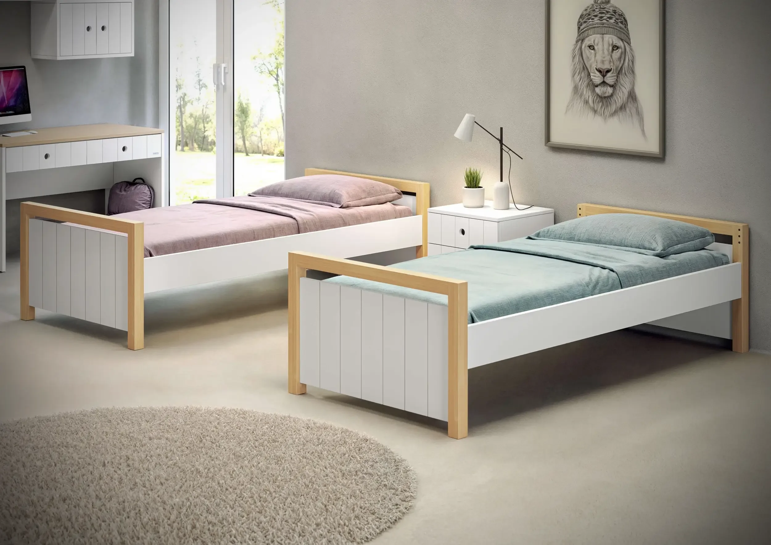 3D render παιδικού δωματίου με δύο παράλληλα μονά κρεβάτια Icon σε λευκό χρώμα με πλαίσιο φυσικού ξύλου.