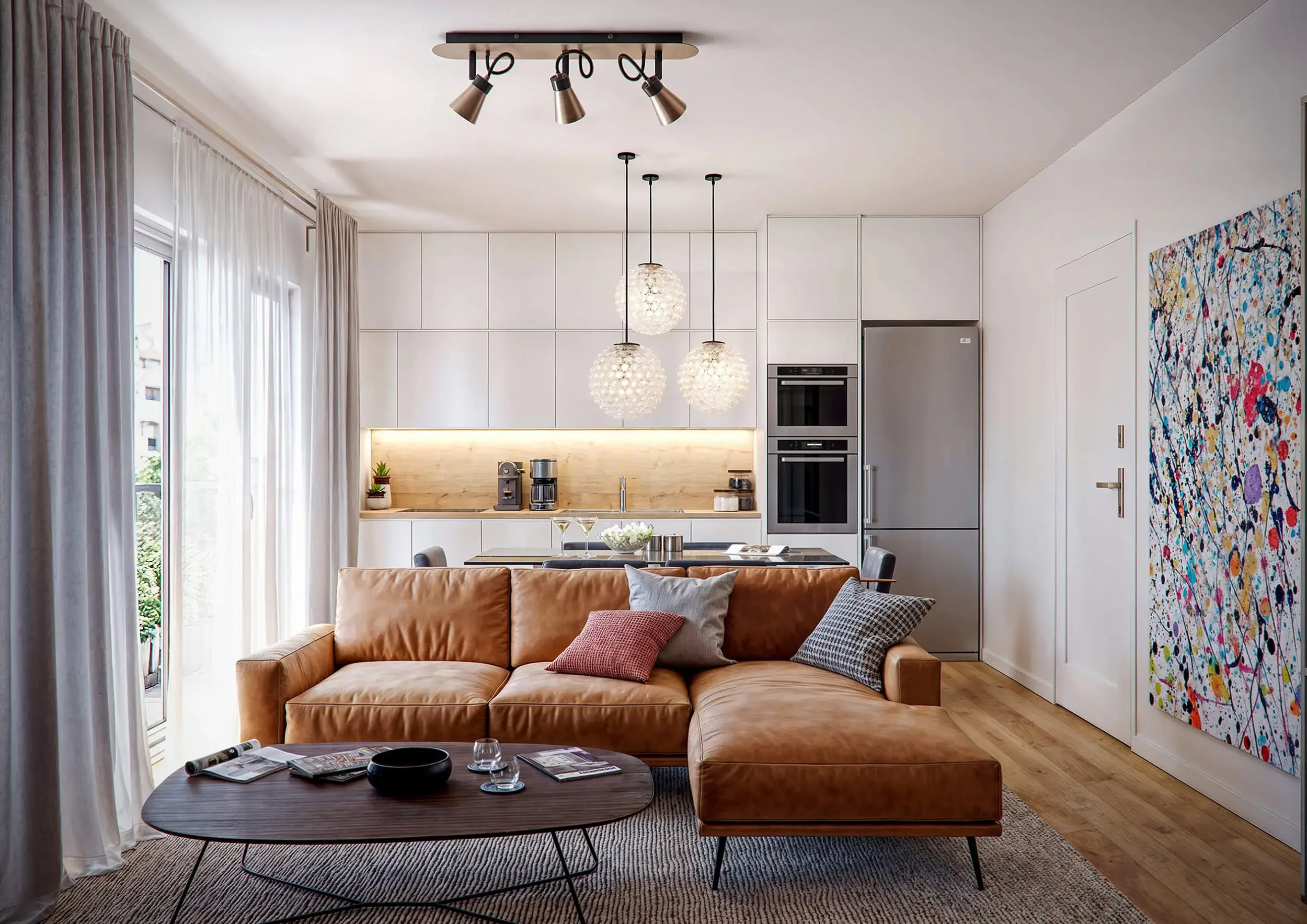 3D interior design και αρχιτεκτονικός φωτορεαλισμός καθιστικού και κουζίνας σε νεόδμητο διαμέρισμα πολυκατοικίας από την THINKGRAF για την MEGIS Construction – Consulting. Μελέτη επίπλωσης, διακοσμητικών στοιχείων και ατμοσφαιρικού φωτισμού.