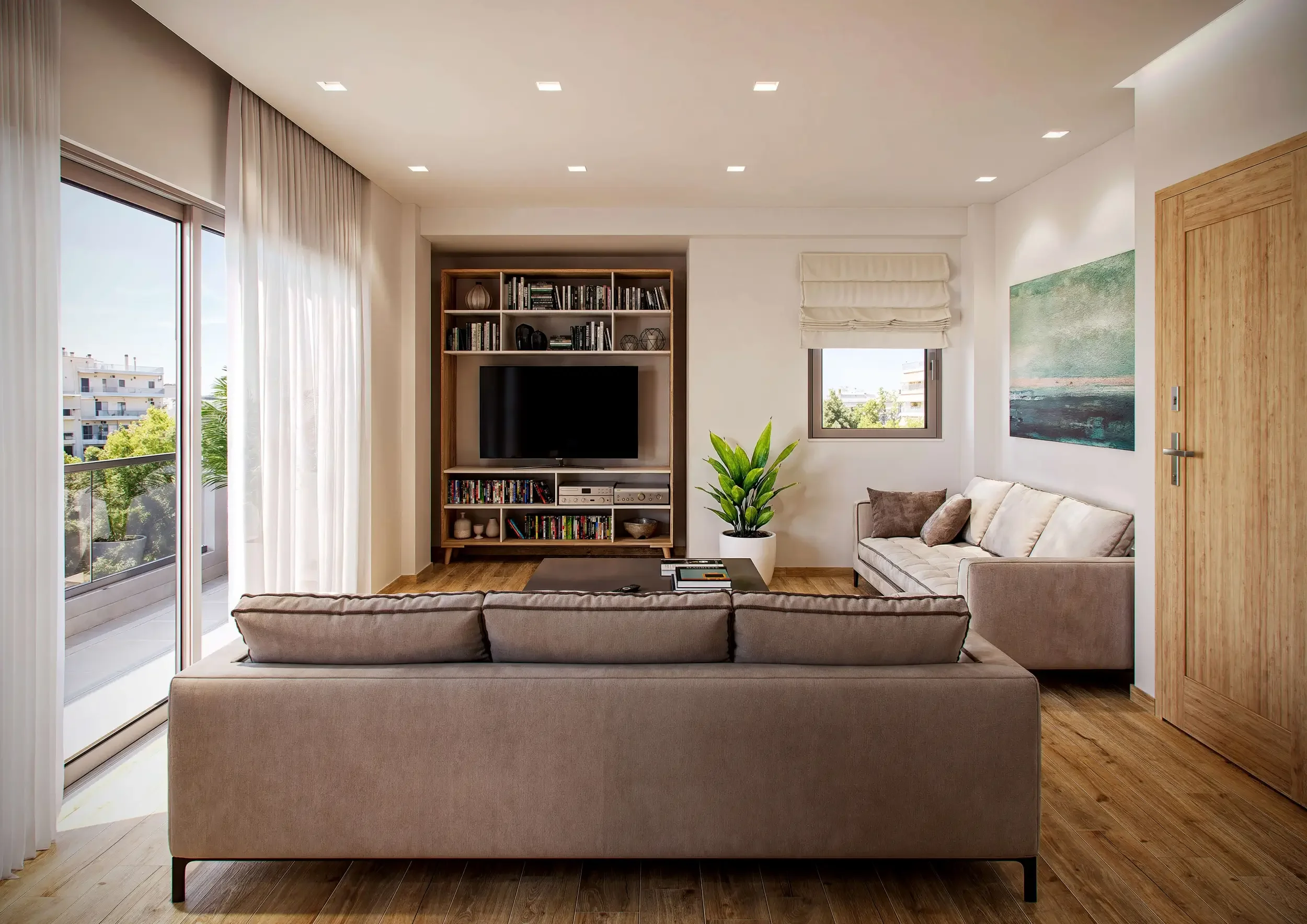 Interior design και 3D αρχιτεκτονική απεικόνιση φωτεινού σαλονιού για διαμέρισμα πολυκατοικίας από την THINKGRAF για την MEGIS Construction – Consulting. Σχεδιασμός με custom ξύλινη βιβλιοθήκη και έπιπλο τηλεόρασης, άνετους καναπέδες, ξύλινο δάπεδο κ