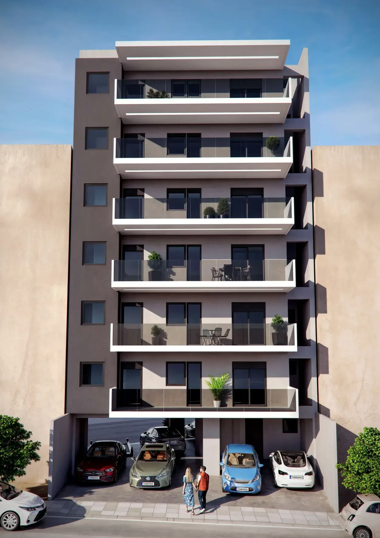 Αρχιτεκτονικός φωτορεαλισμός και 3D σχεδιασμός εξωτερικής όψης πολυκατοικίας από την THINKGRAF για την MEGIS Construction – Consulting. Σύγχρονη πολυώροφη κατασκευή με μεγάλα μπαλκόνια, γυάλινα στηθαία, πιλοτή με θέσεις στάθμευσης και μελέτη εξωτερικ