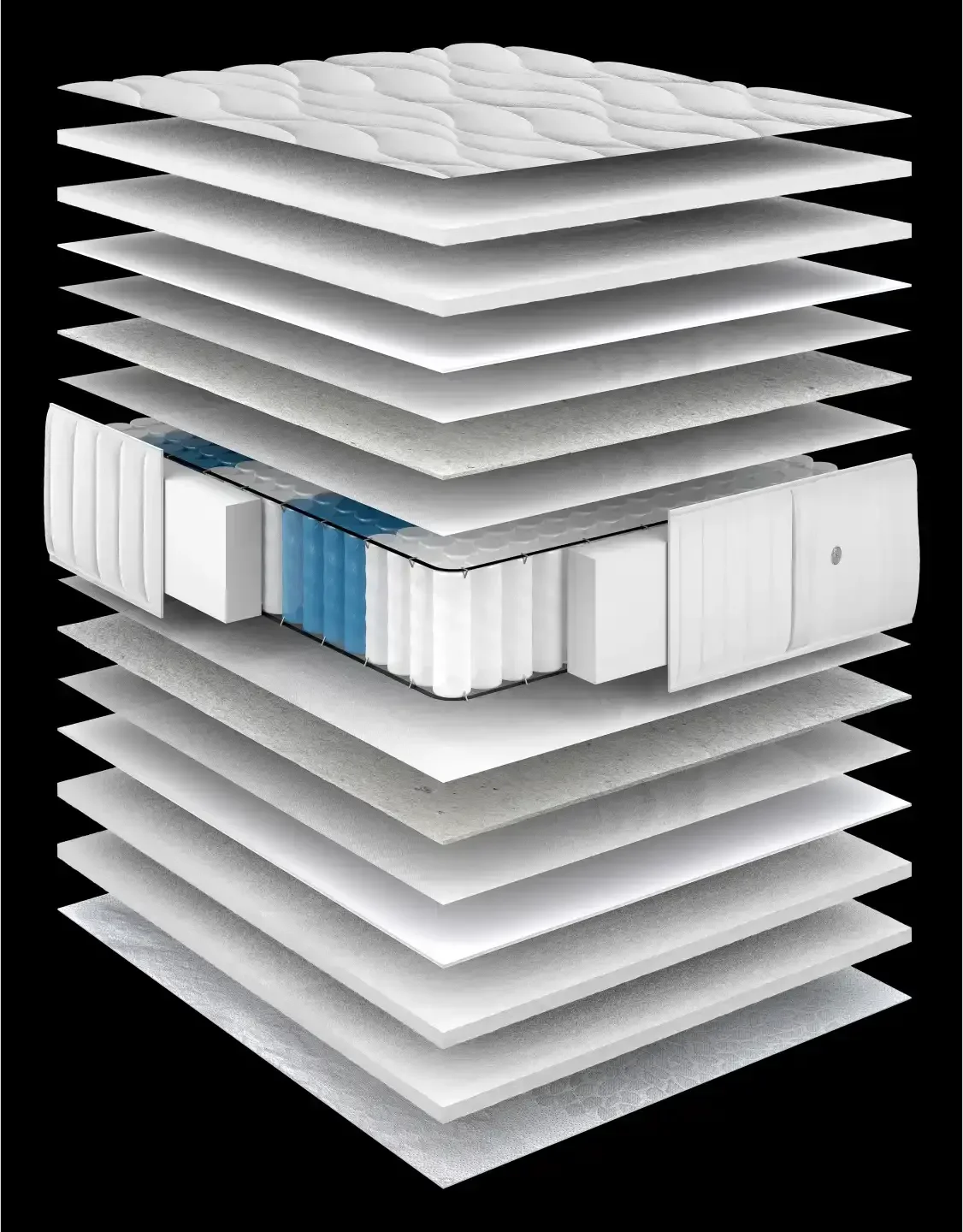 3D render αναλυτικής δομής στρώματος με ανεξάρτητα ελατήρια Pocket Springs.