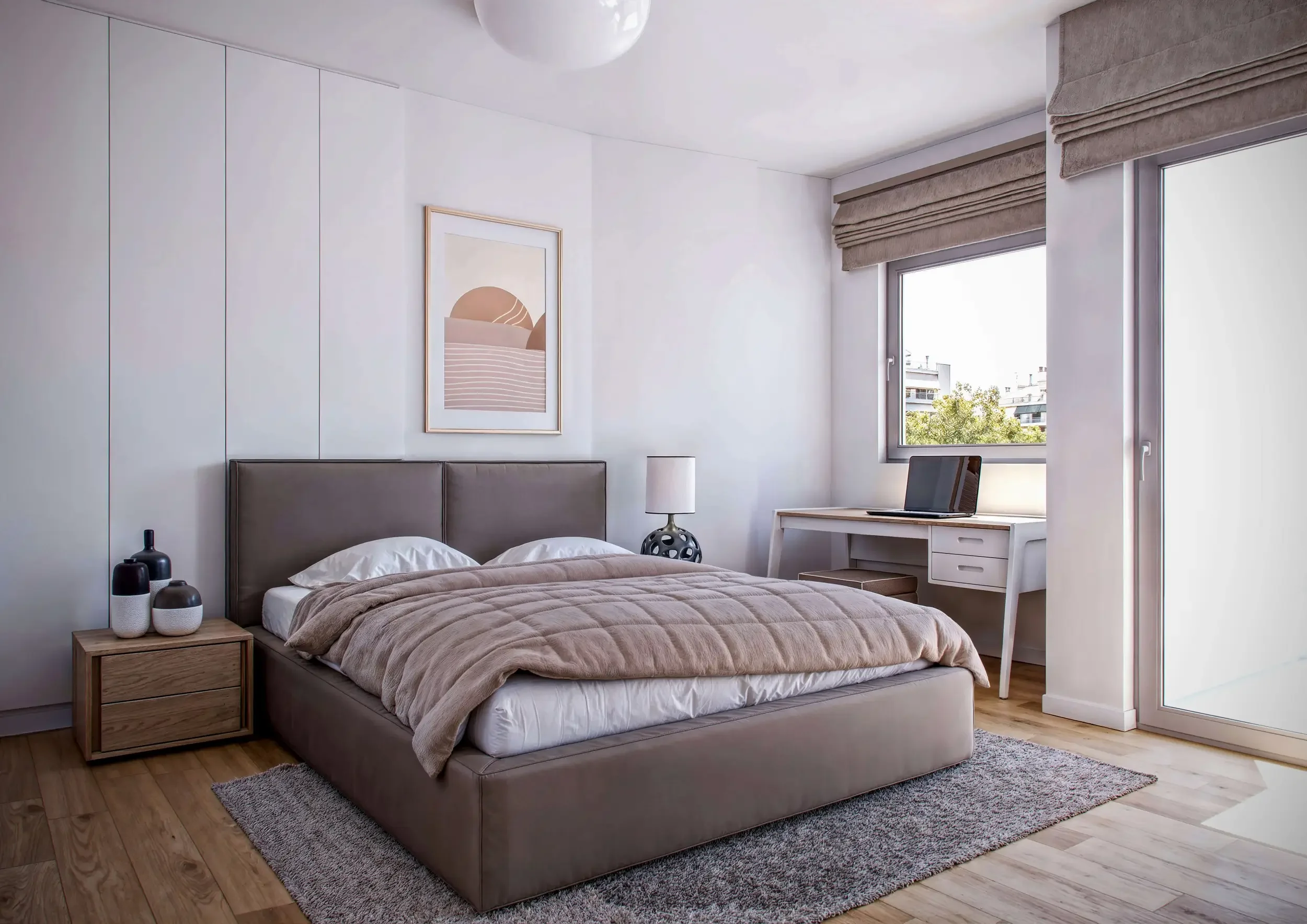 Φωτορεαλιστικός σχεδιασμός και interior design master υπνοδωματίου σε διαμέρισμα πολυκατοικίας από την THINKGRAF για την MEGIS Construction – Consulting. Λειτουργική διάταξη με ενσωματωμένο γραφείο εργασίας δίπλα στο παράθυρο, μεγάλη εντοιχισμένη ντο