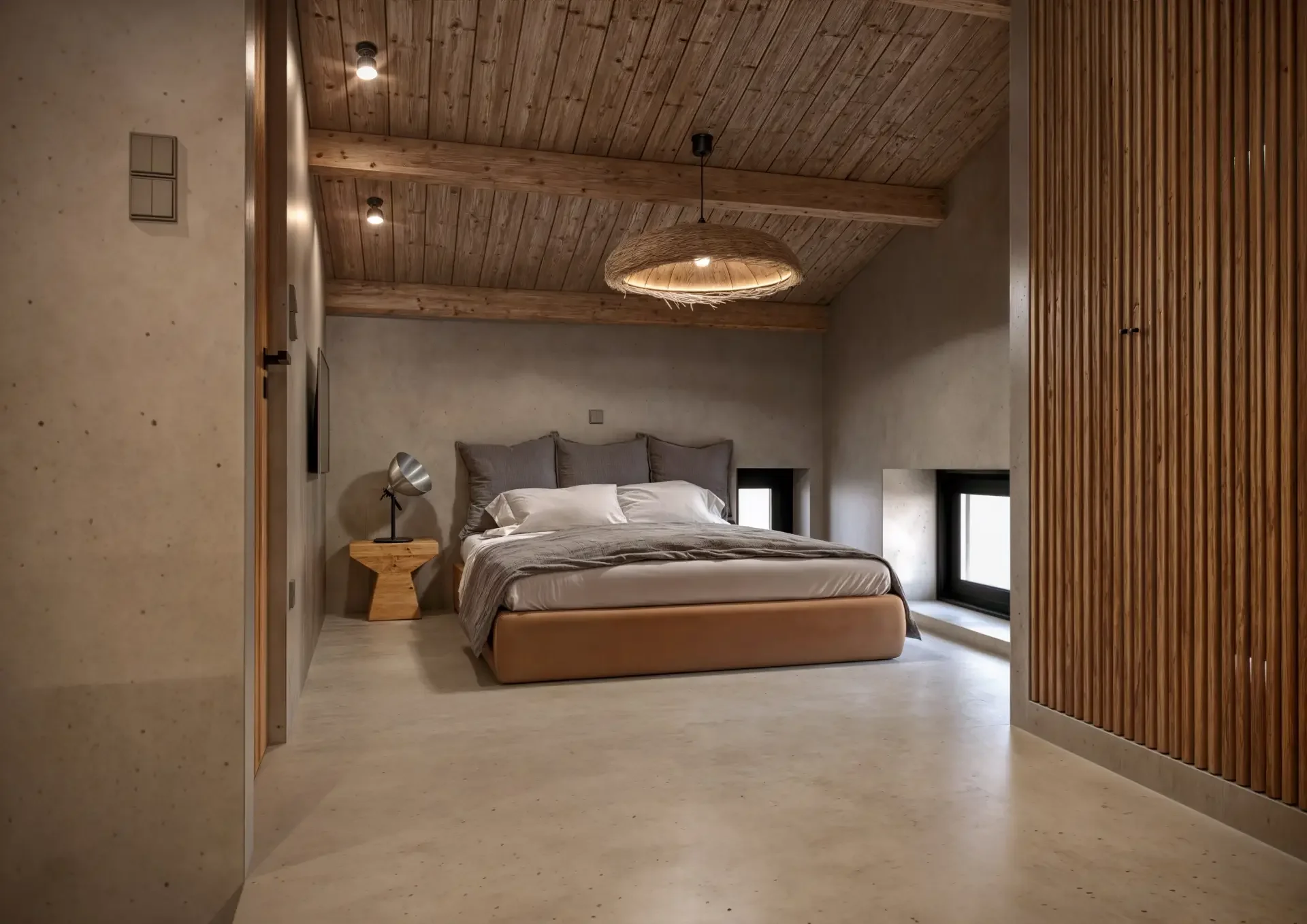 3D render σοφίτας με επικλινή ξύλινη στέγη, ζεστή ατμόσφαιρα και λιτή επίπλωση.