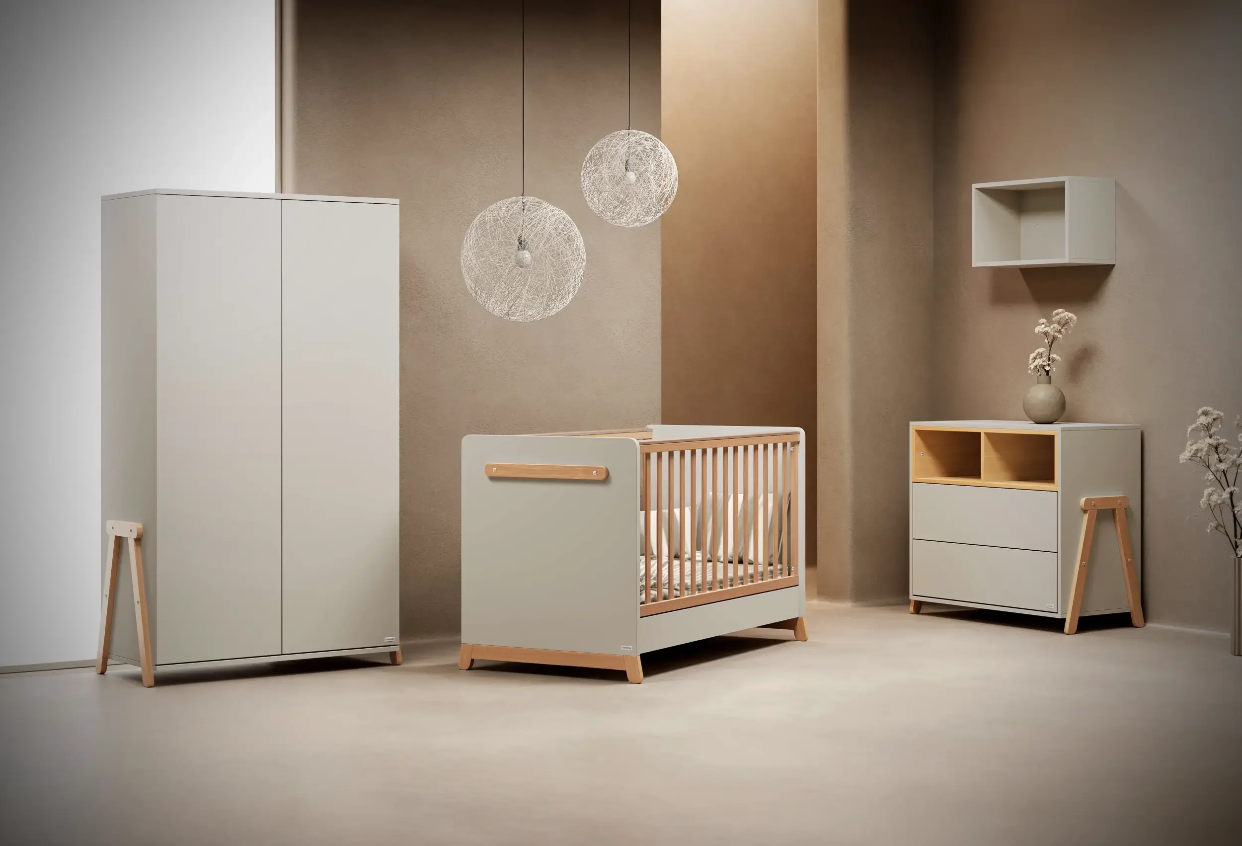 3D render βρεφικής σειράς Palmer σε ecru απόχρωση με A-frame ξύλινα πόδια και μίνιμαλ αισθητική.