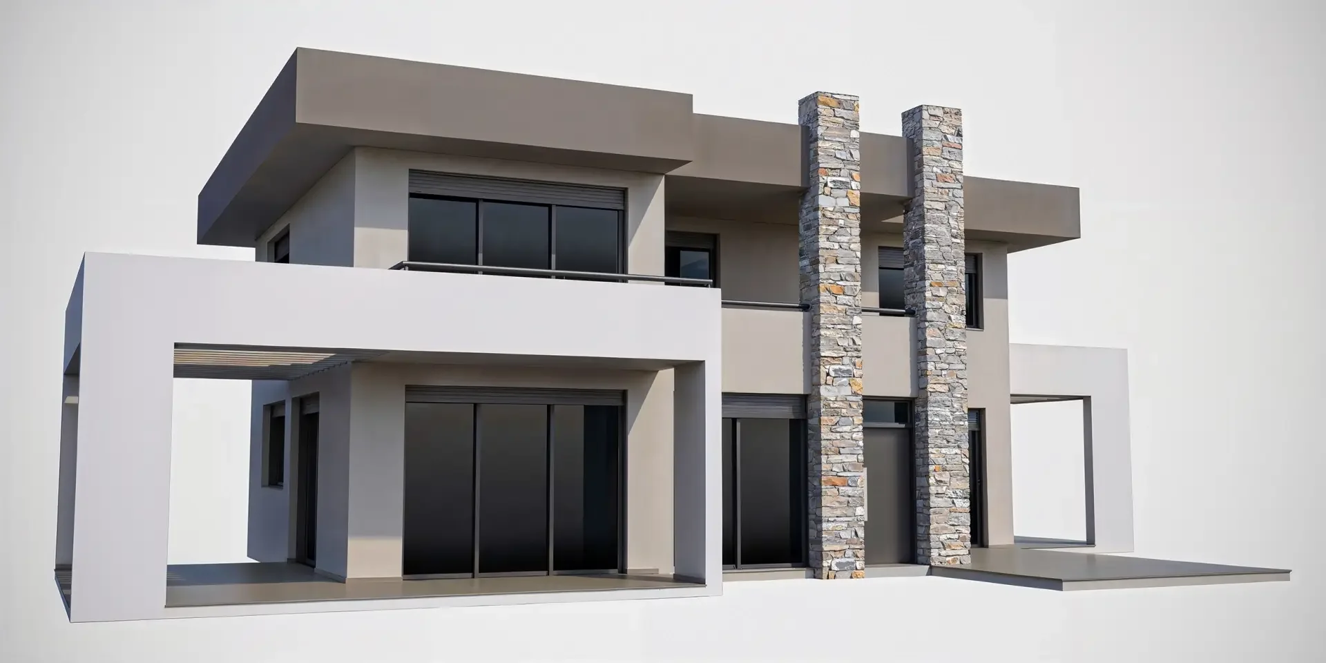 3D φωτορεαλιστική απεικόνιση εξωτερικής όψης διώροφης μεζονέτας με πέτρινες κολώνες και γήινες αποχρώσεις.