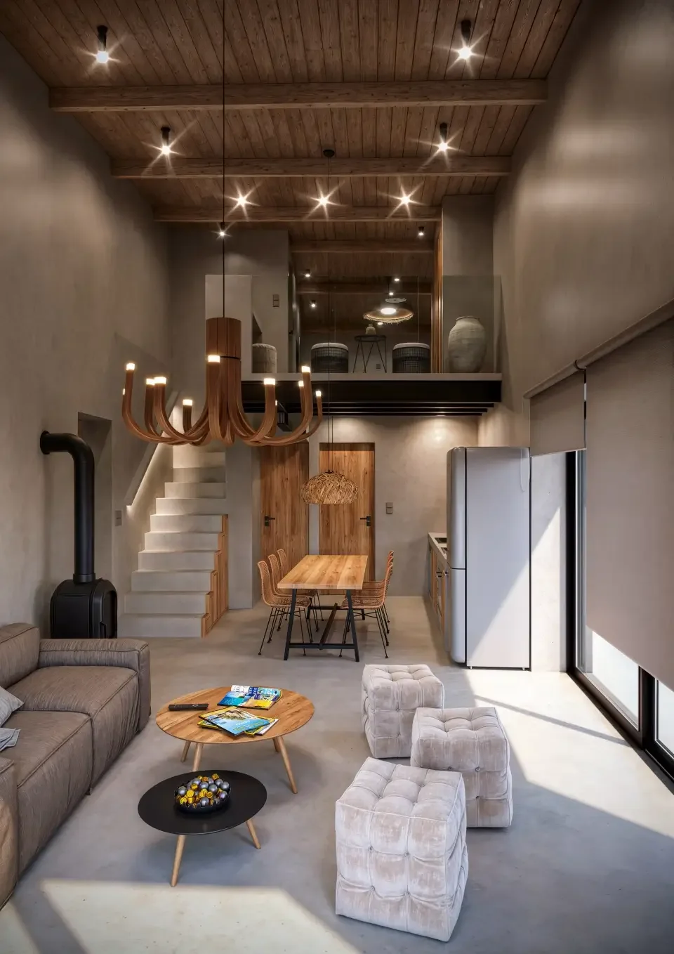 Ευρυγώνιο 3D render ενιαίου χώρου καθιστικού, τραπεζαρίας και κουζίνας σε μεζονέτα στη Λέσβο.