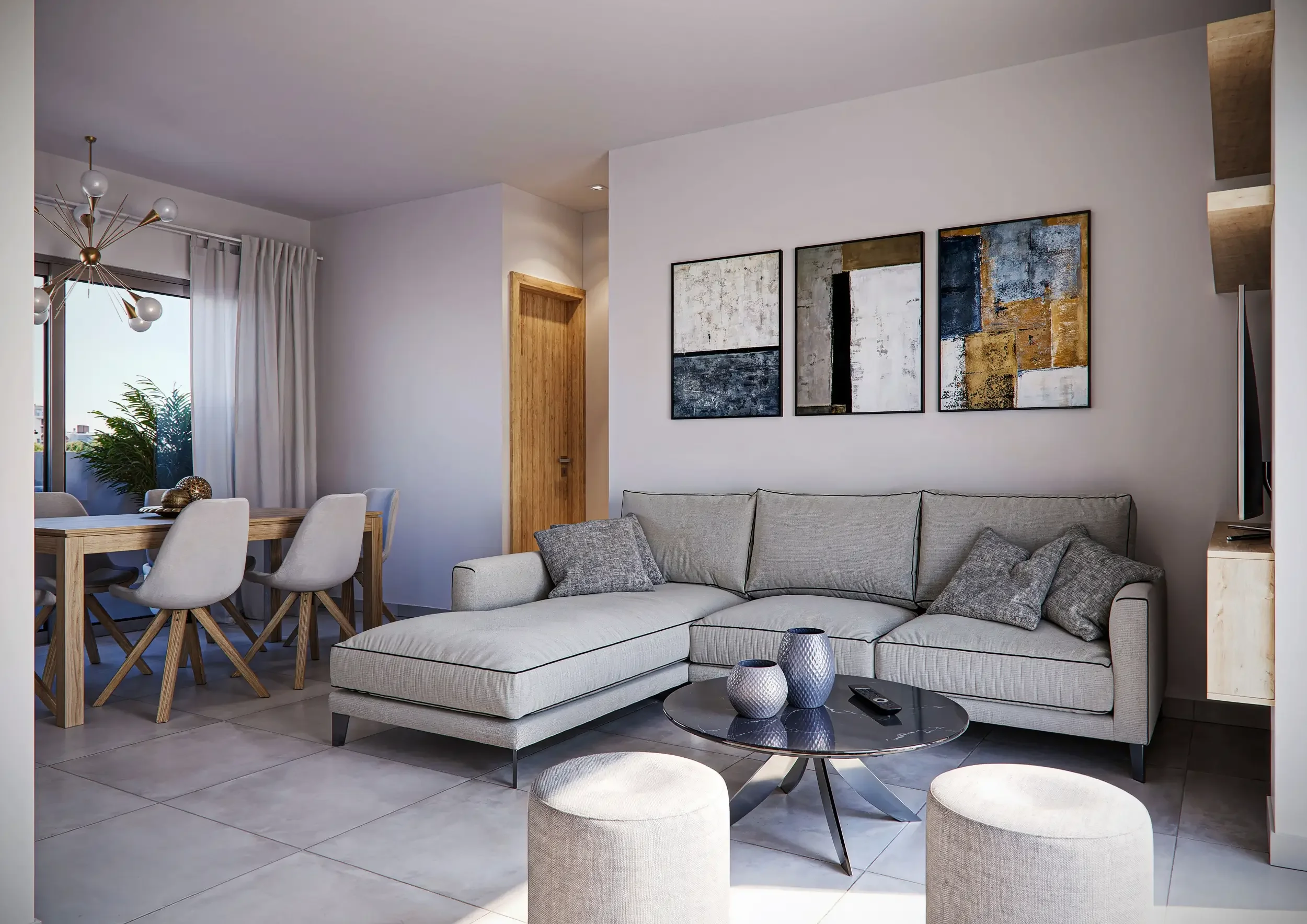 Interior design και φωτορεαλιστική απόδοση ενιαίου σαλονιού και τραπεζαρίας για διαμέρισμα πολυκατοικίας από την THINKGRAF για την MEGIS Construction – Consulting. Πρόταση με γωνιακό καναπέ, στρογγυλό coffee table, πουφ, μοντέρνους πίνακες και τραπεζ