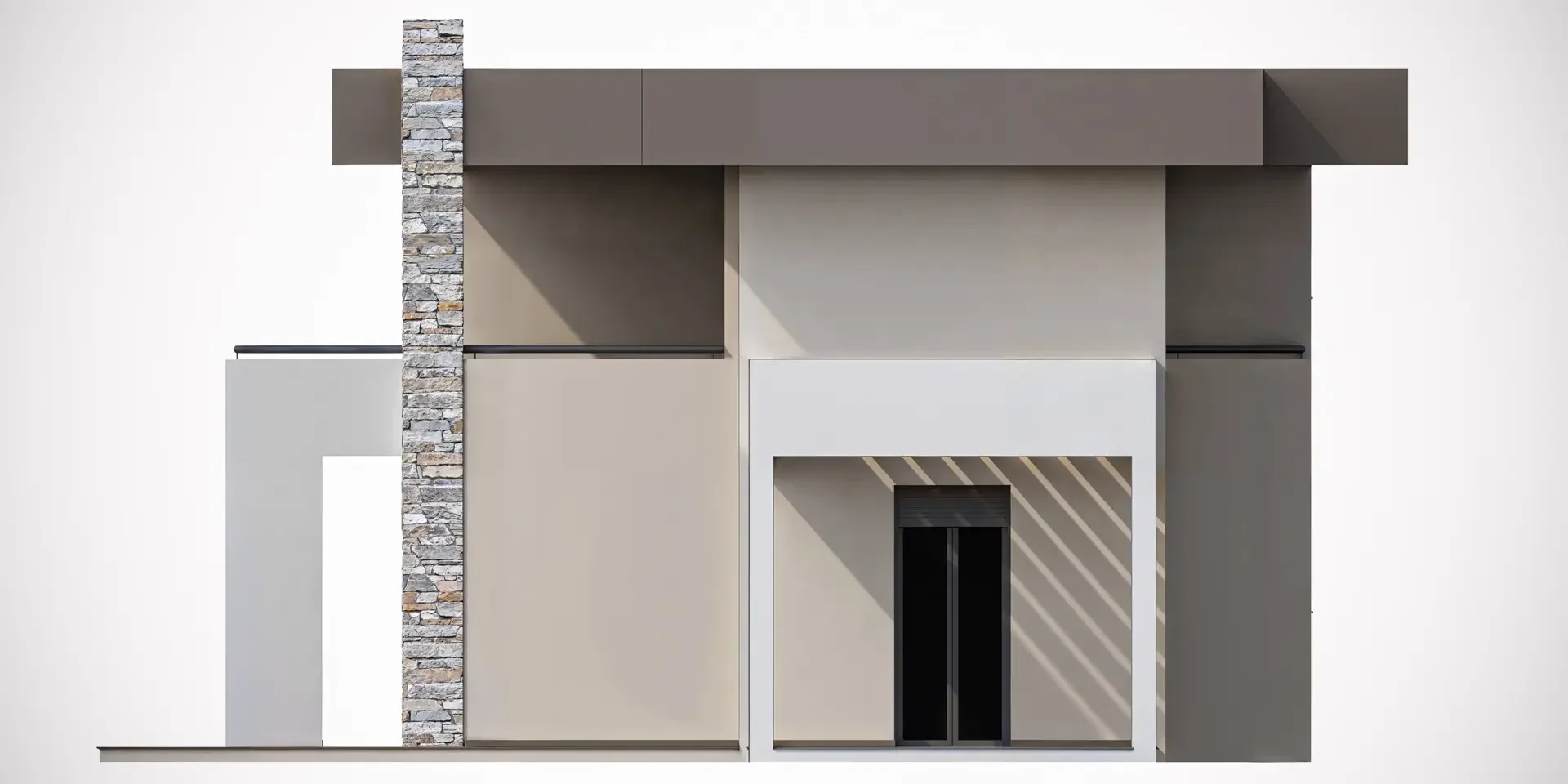 3D ορθογραφική προβολή εξωτερικής όψης με επένδυση φυσικής πέτρας, γήινους τόνους και γεωμετρικές σκιάσεις.