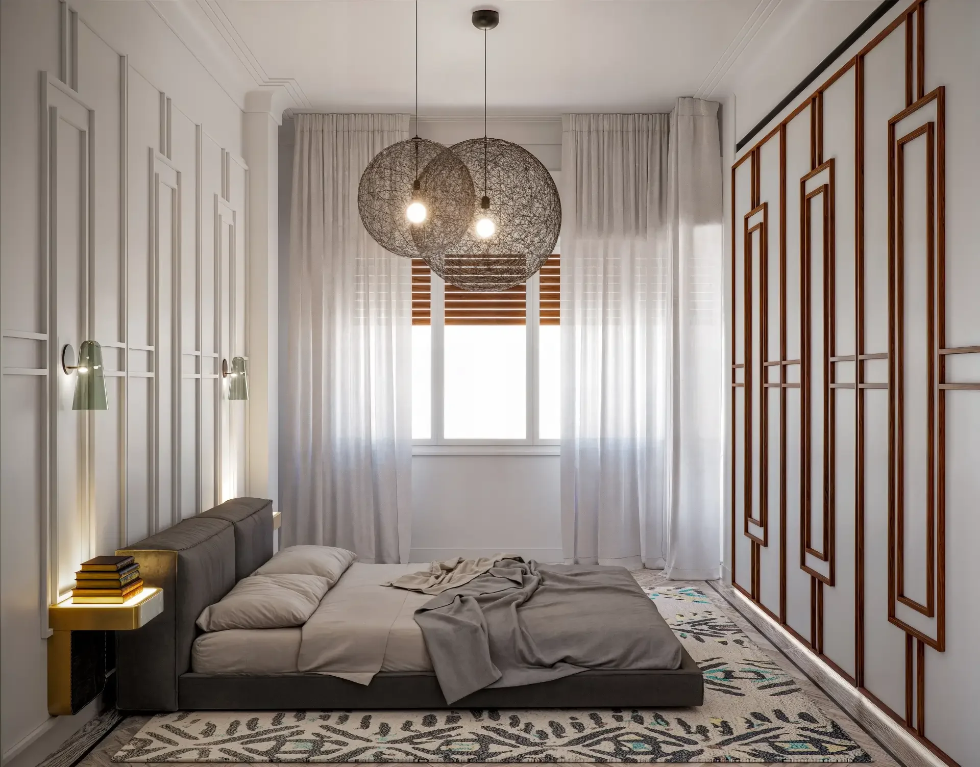 Τρισδιάστατη απεικόνιση master bedroom με custom ντουλάπες και φωτιστικά.