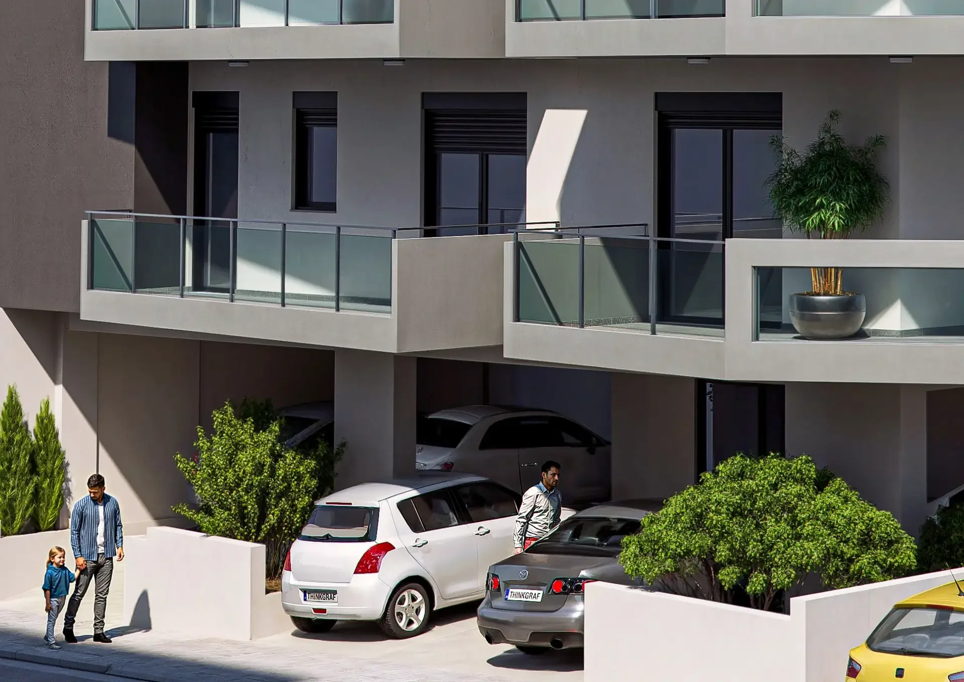 3D render κοντινή λήψη πυλωτής, στάθμευσης και μπαλκονιών πολυκατοικίας.