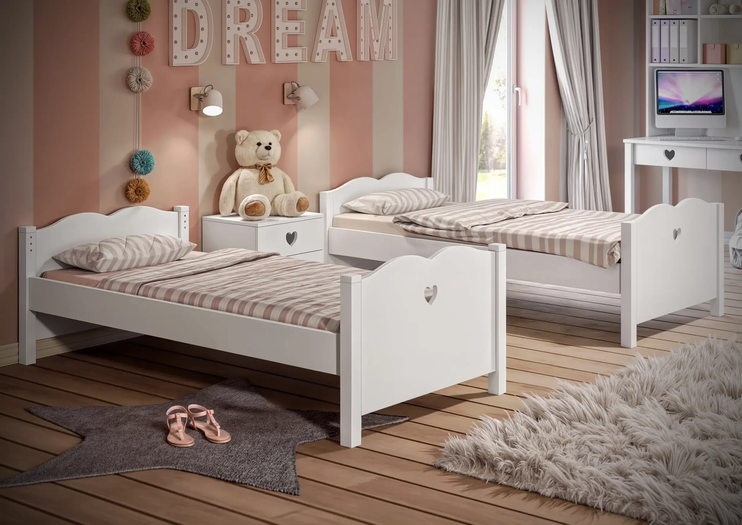 3D render παιδικού δωματίου με δύο μονά κρεβάτια Love με σκαλιστές καρδιές και κομοδίνο.