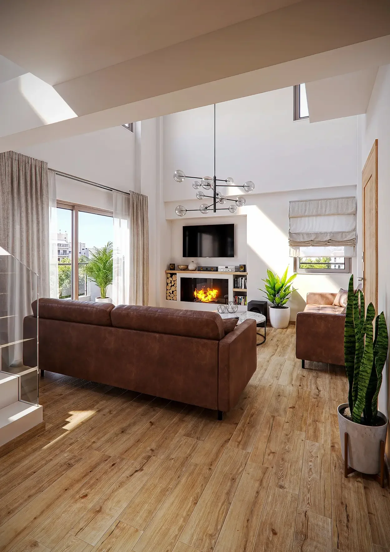 3D rendering και αρχιτεκτονικός σχεδιασμός ψηλοτάβανου σαλονιού με εσωτερική σκάλα για μεζονέτα σε πολυκατοικία από την THINKGRAF για την MEGIS Construction – Consulting. Interior design με ενεργειακό τζάκι, δερμάτινους καναπέδες, μοντέρνο φωτιστικό 