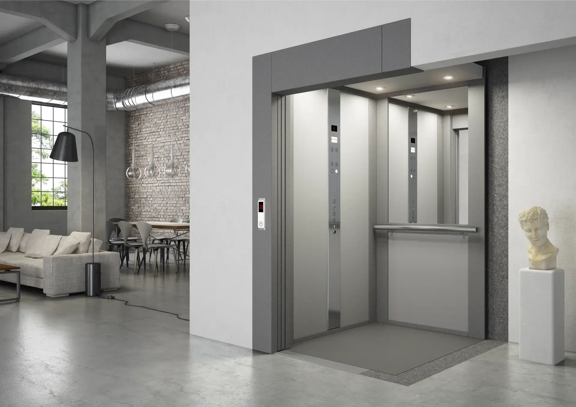 Ευρυγώνιο 3D render θαλάμου Pappas σε industrial loft με αρχιτεκτονικά στοιχεία.