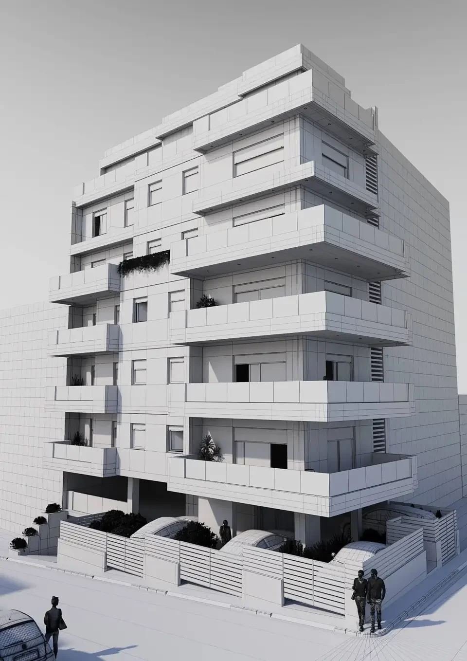 Τρισδιάστατη δομή 3D wireframe για αρχιτεκτονική μελέτη πολυκατοικίας.