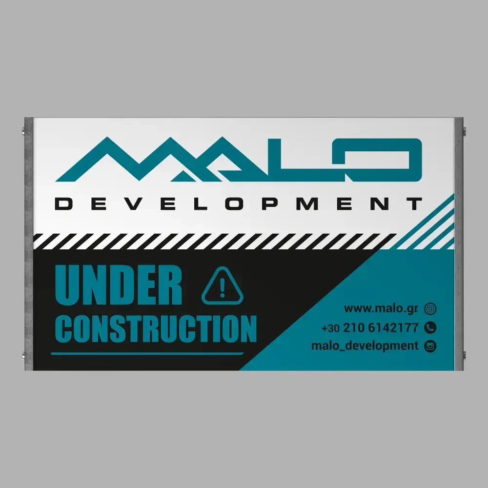 A sign indicating an under-construction project by Malo Development, with contact details and website, against a gray background.
