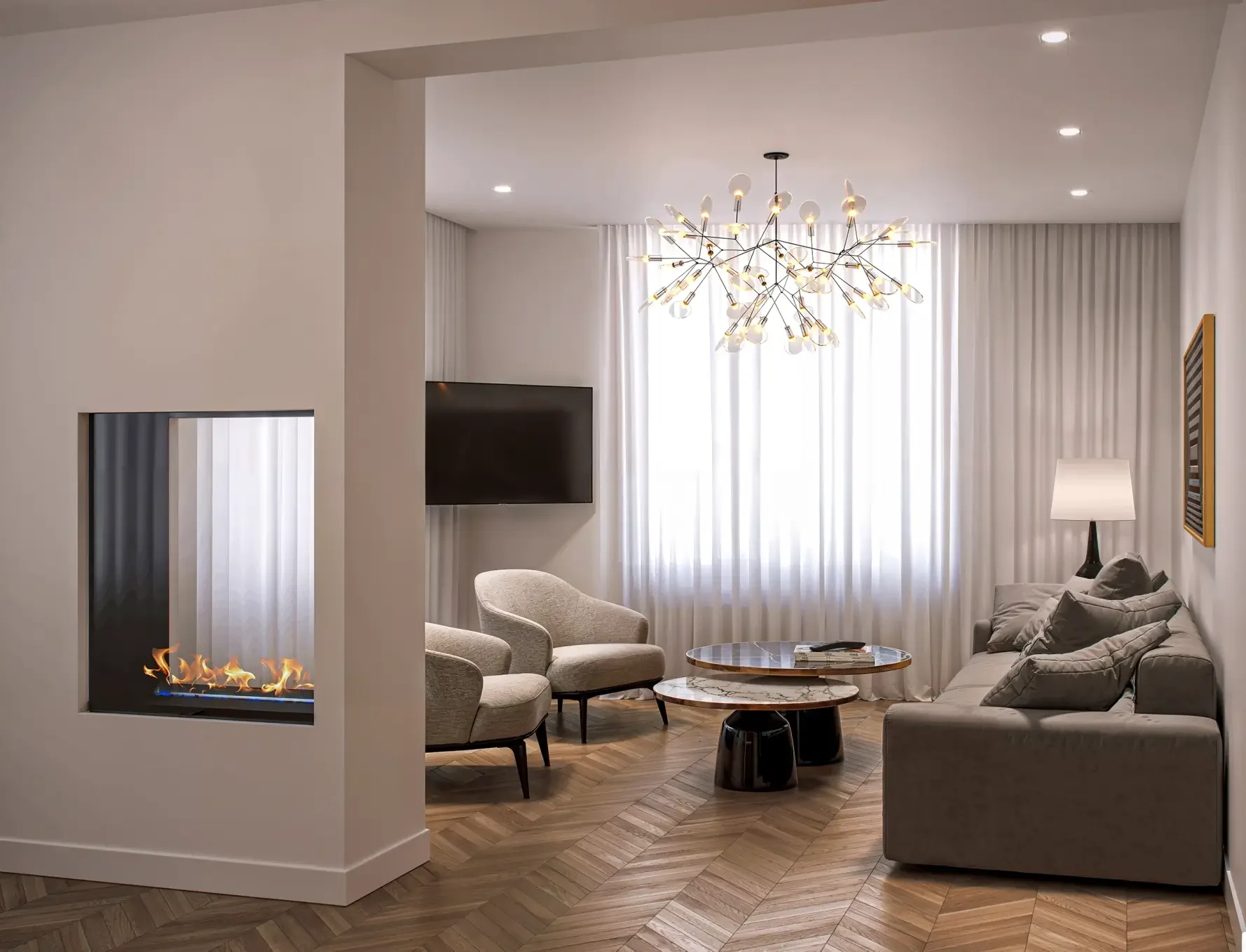 3D render καθιστικού με διαχωριστικό τοίχο διπλής όψης και ενσωματωμένο τζάκι βιοαιθανόλης.