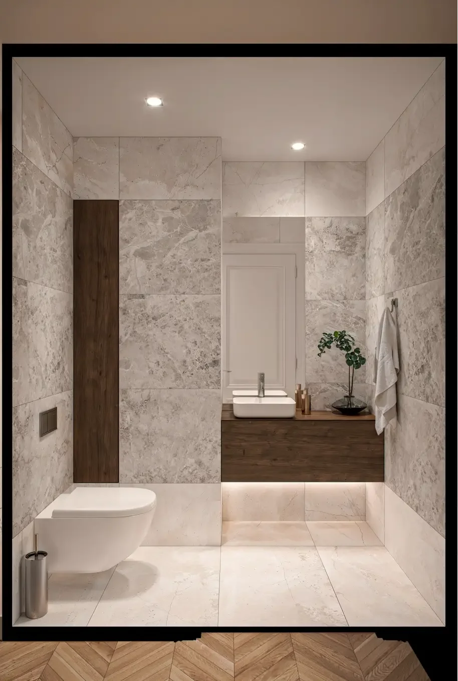 3D render λουτρού με γκρι μαρμάρινα πλακίδια, αιωρούμενο ξύλινο έπιπλο νιπτήρα και κρυφό φωτισμό.